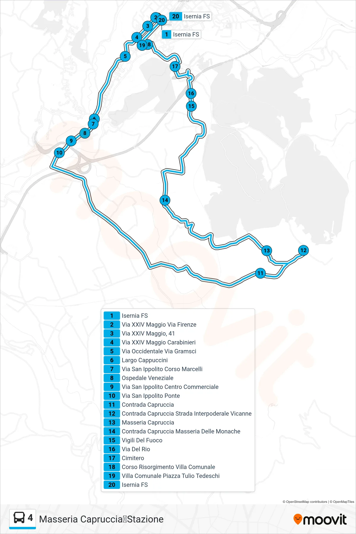 Linea 4  bus (Masseria Capruccia➡Stazione) - Percorsi e fermate sulla mappa