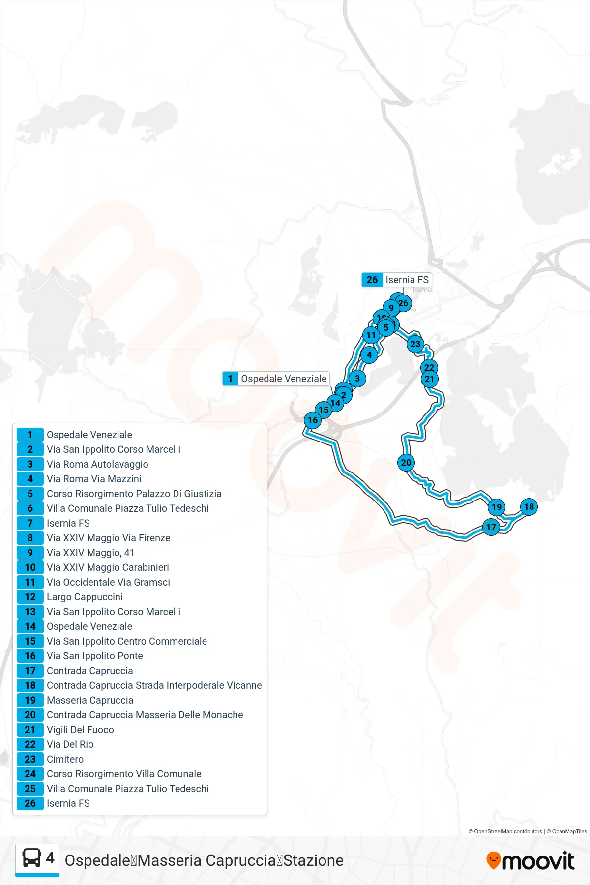 Linea 4  bus (Ospedale➡Masseria Capruccia➡Stazione) - Percorsi e fermate sulla mappa