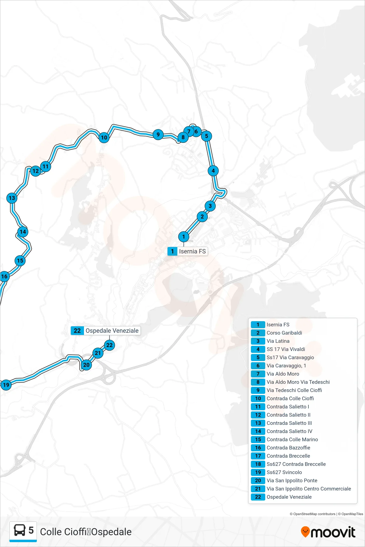 Linea 5 bus (Colle Cioffi➡Ospedale) - Percorsi e fermate sulla mappa
