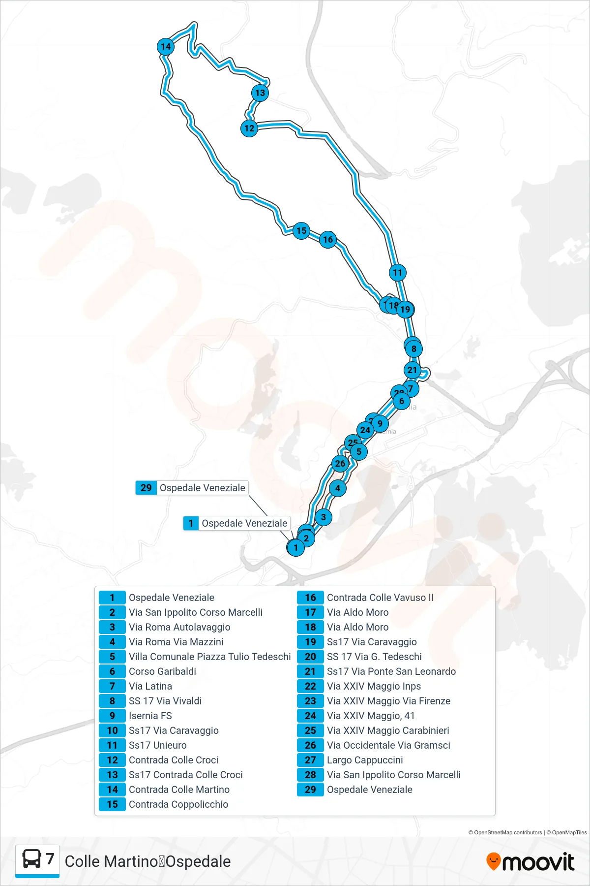Linea 7 bus (Colle Martino➡Ospedale) - Percorsi e fermate sulla mappa