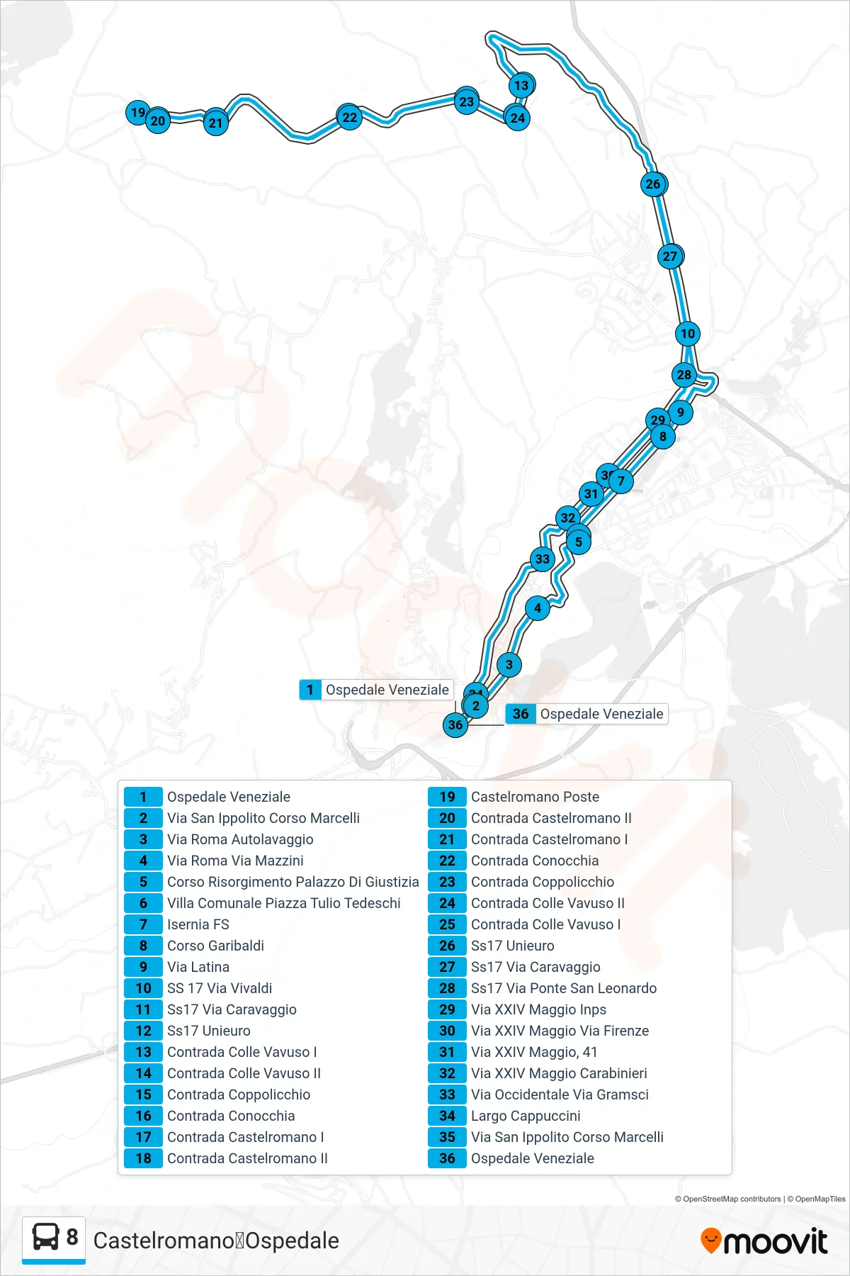 Linea 8 bus (Castelromano➡Ospedale) - Percorsi e fermate sulla mappa