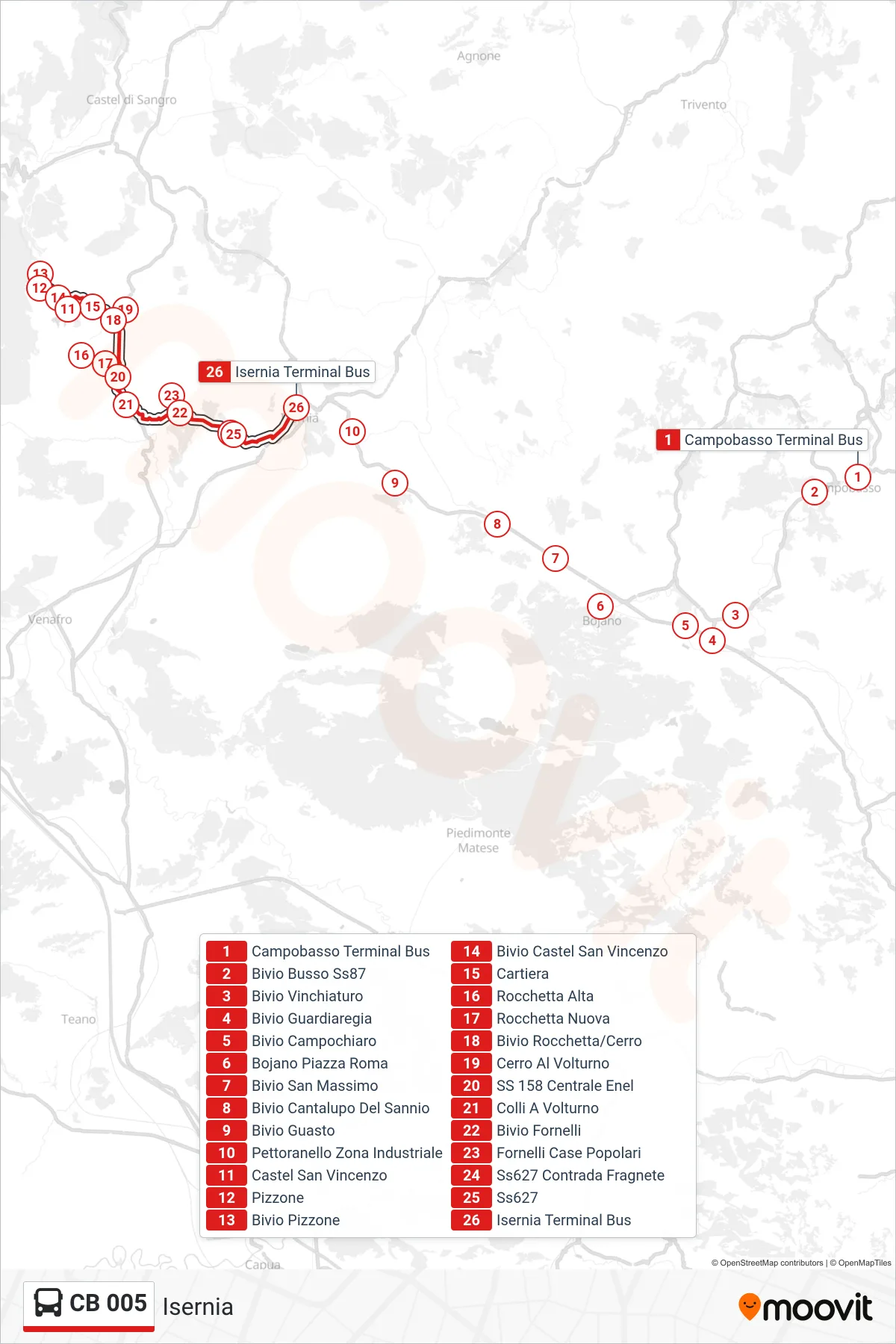Linea CB 005 bus (Isernia) - Percorsi e fermate sulla mappa