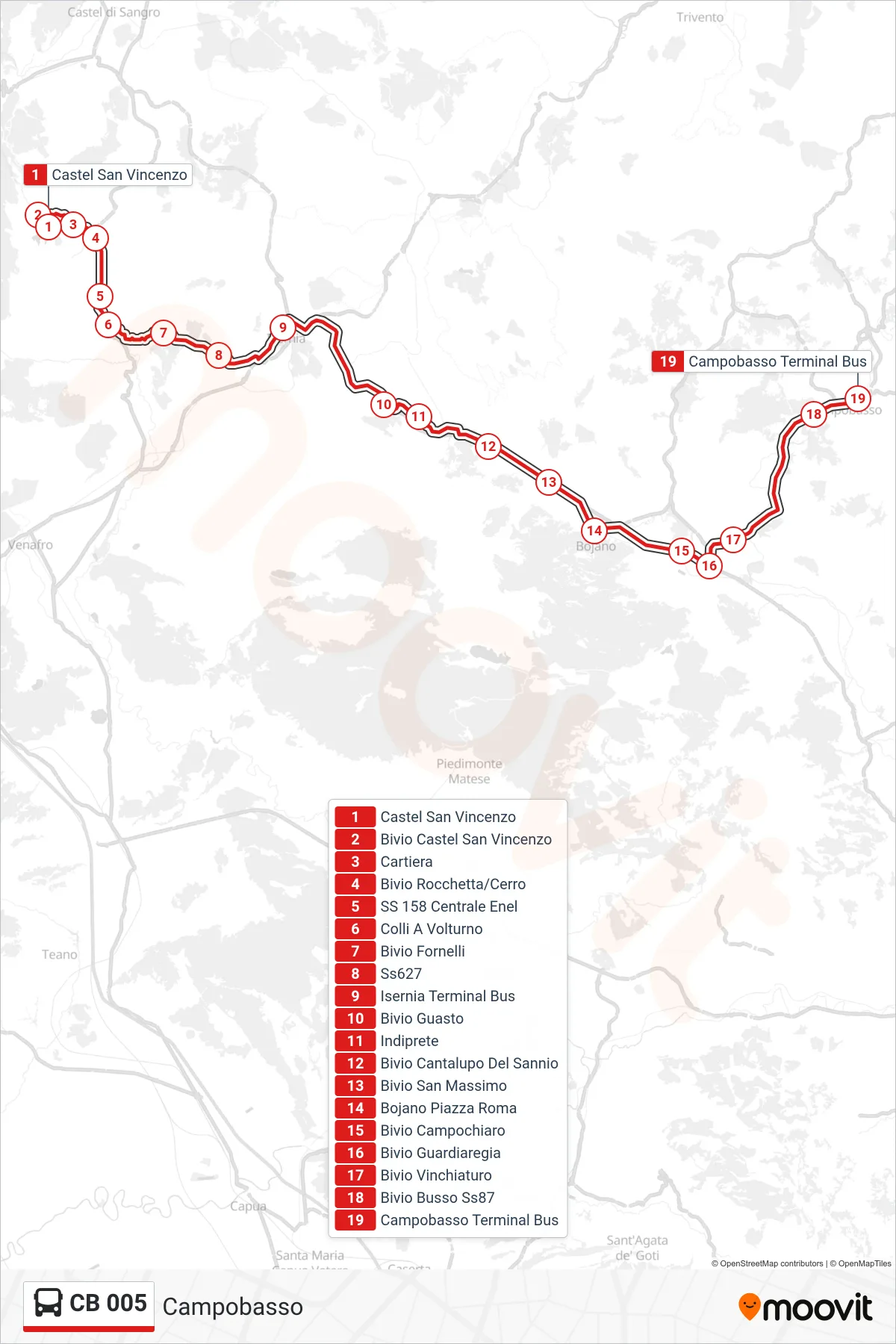 Linea CB 005 bus (Campobasso) - Percorsi e fermate sulla mappa