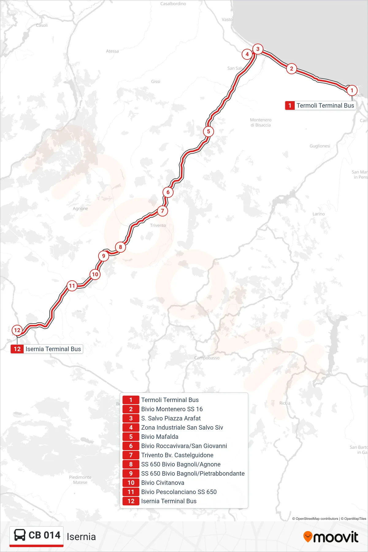 Linea CB 014 bus (Isernia) - Percorsi e fermate sulla mappa