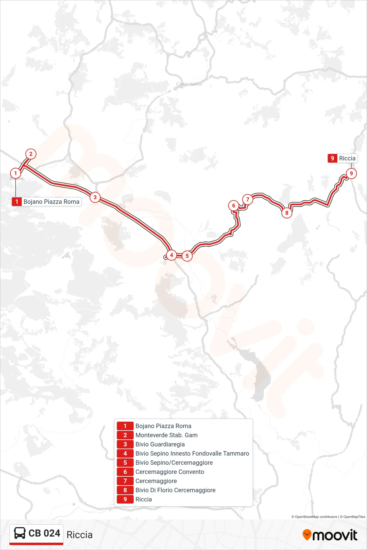 Linea CB 024  bus (Riccia) - Percorsi e fermate sulla mappa