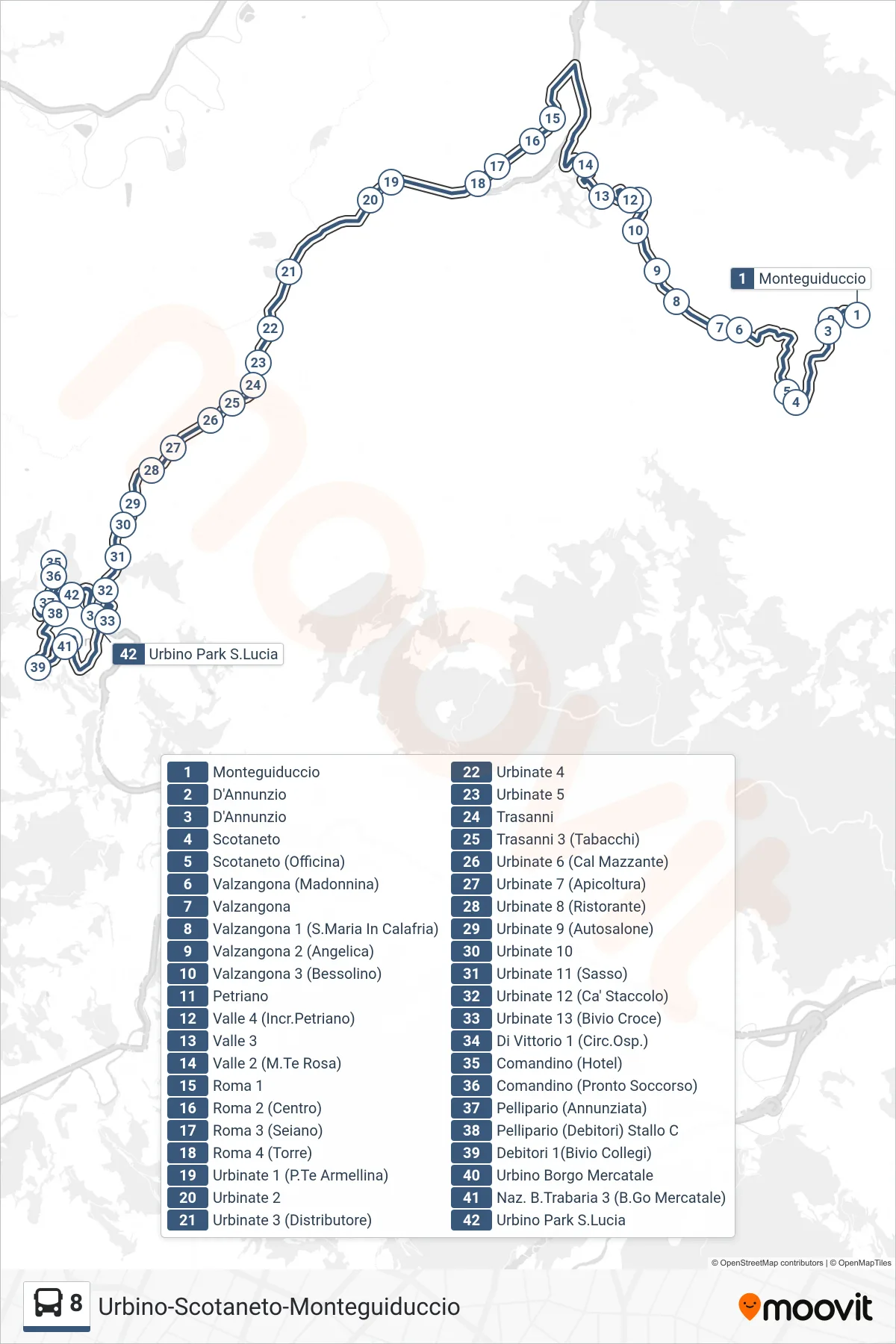 Linea 8  bus (Urbino Park S.Lucia) - Percorsi e fermate sulla mappa