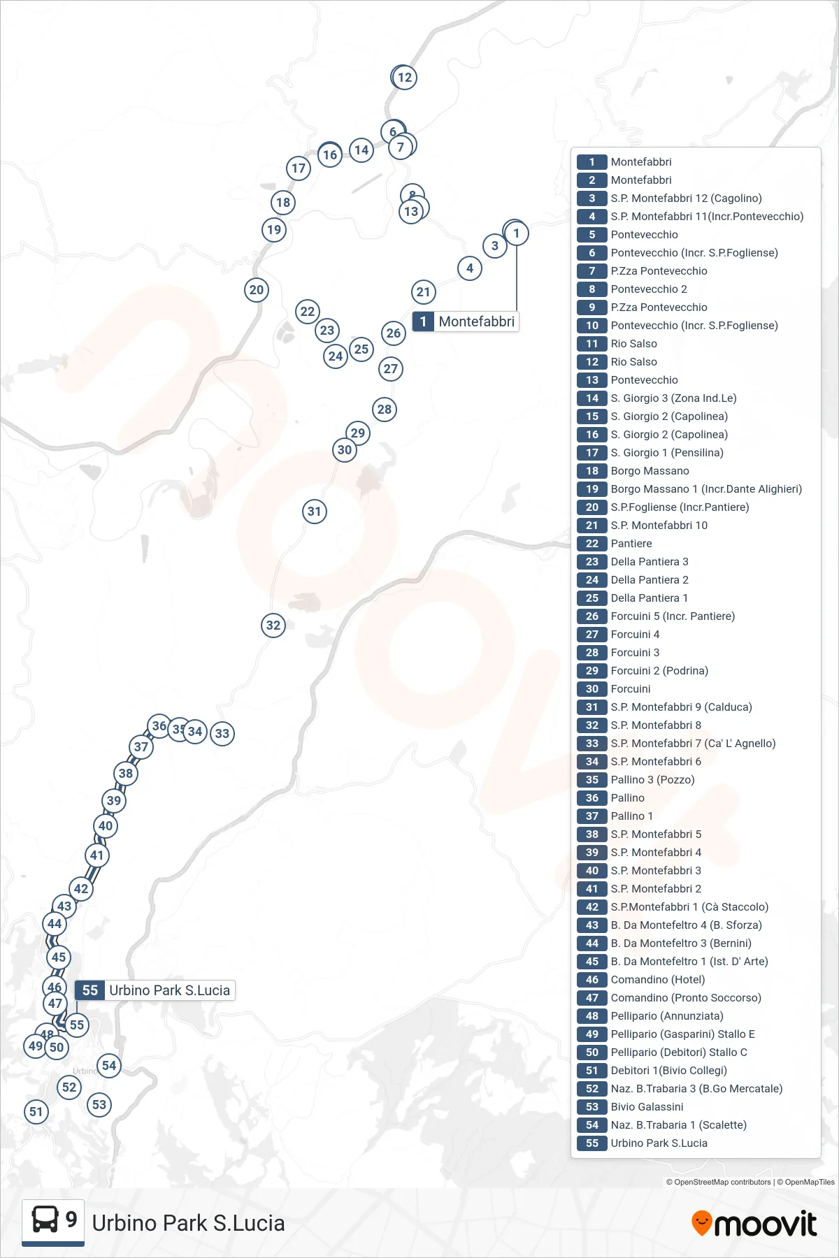 Linea 9 bus (Urbino Park S.Lucia) - Percorsi e fermate sulla mappa