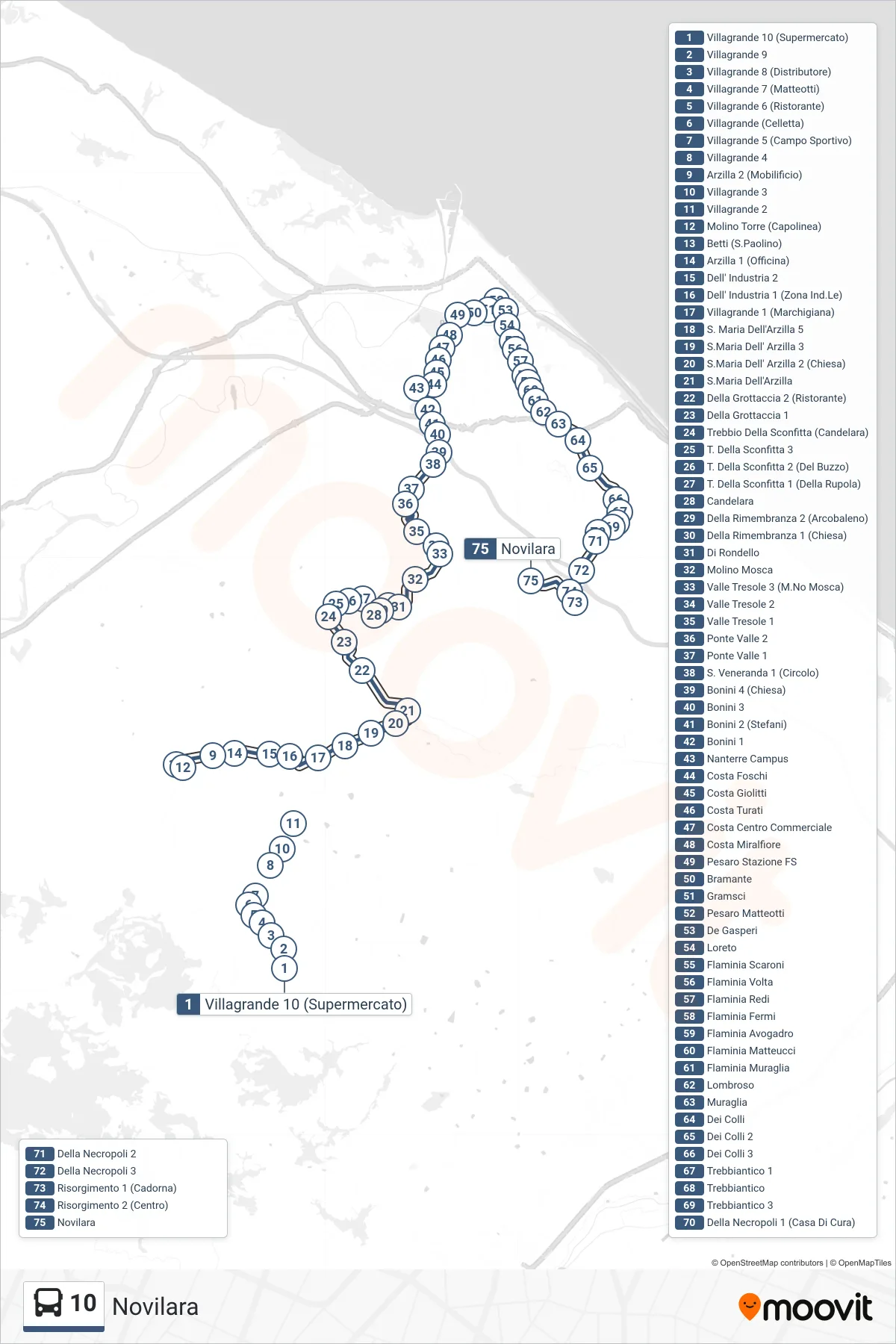 Linea 10 bus (Novilara) - Percorsi e fermate sulla mappa