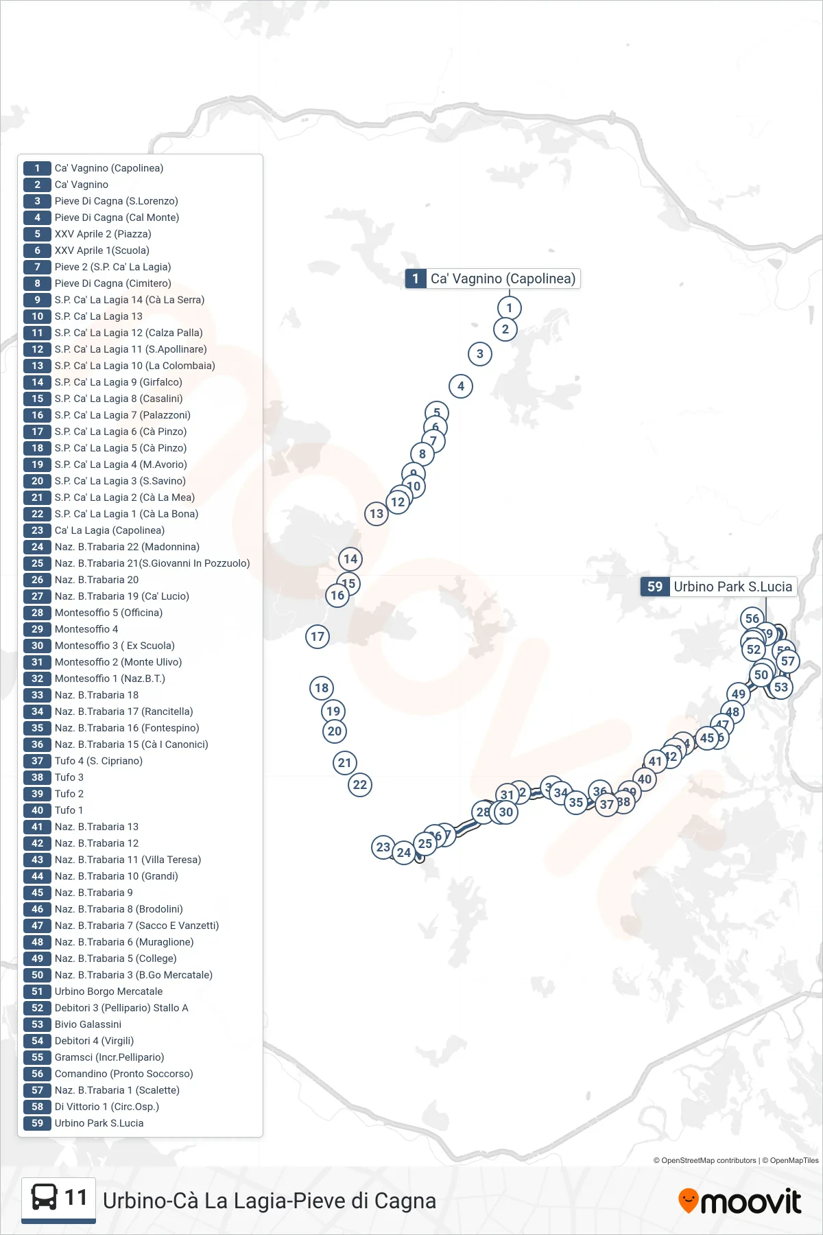 Linea 11  bus (Urbino Park S.Lucia) - Percorsi e fermate sulla mappa