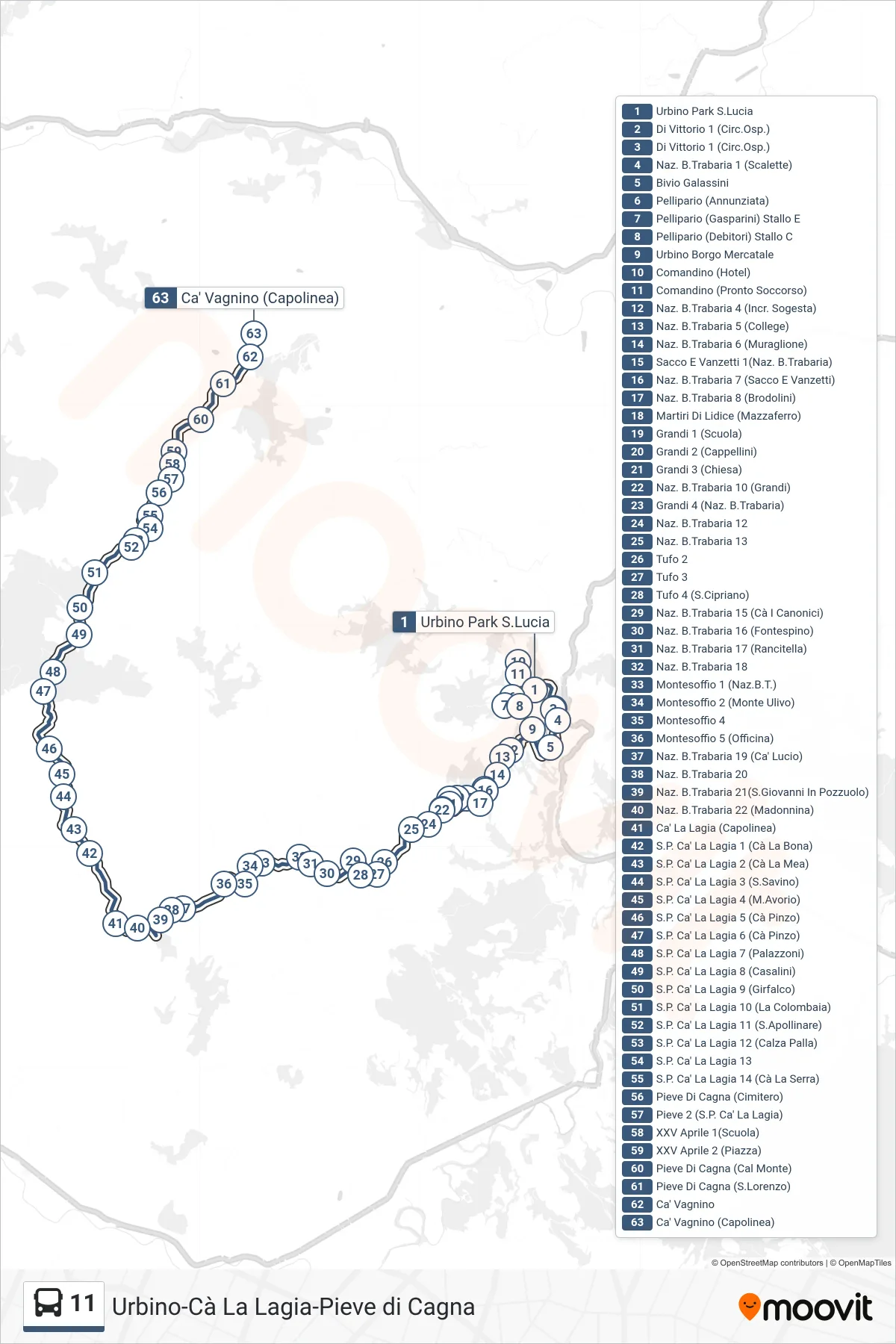 11 bus Line (Ca' Vagnino (Terminal)) route and stops on a map