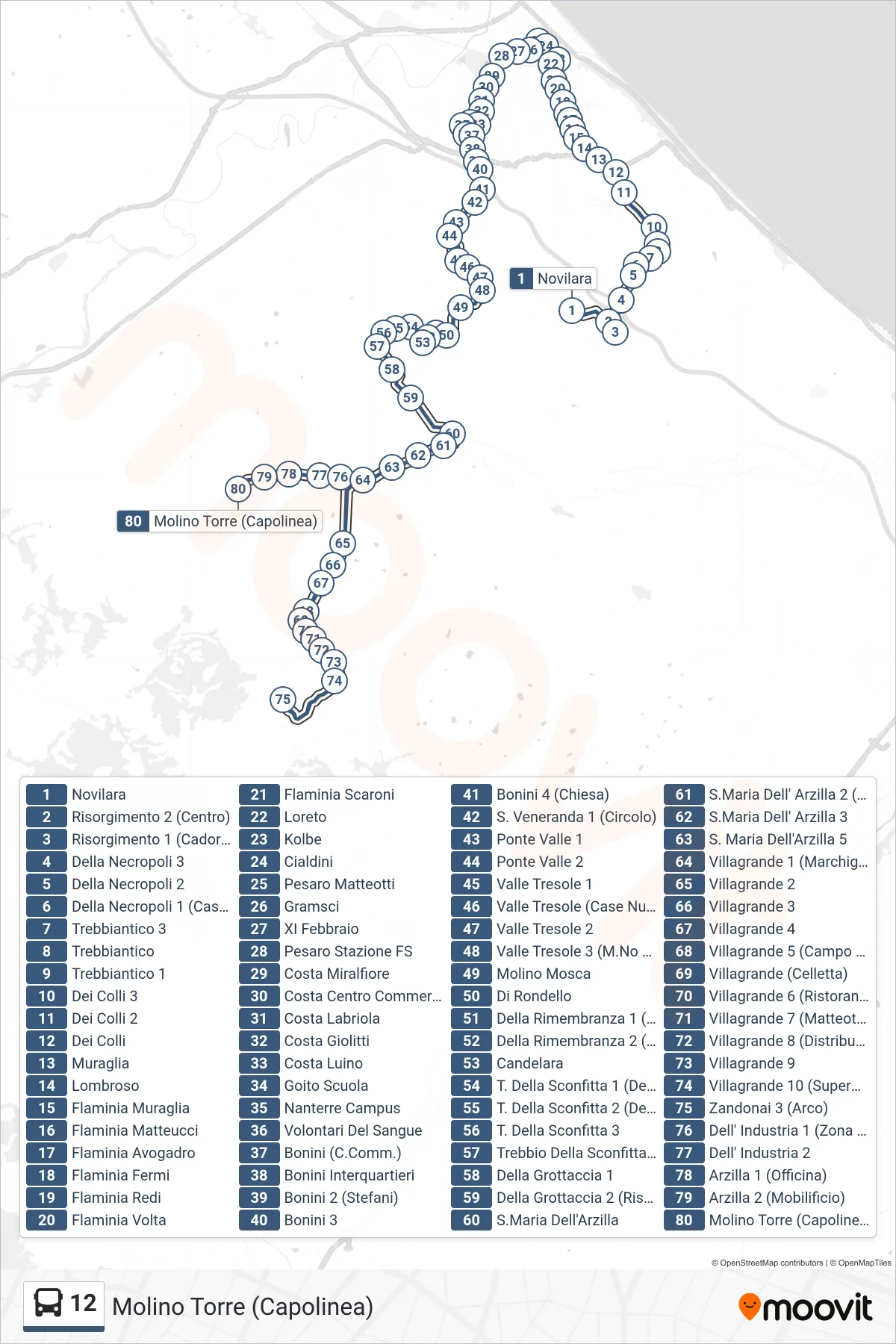 Linea 12 bus (Molino Torre (Capolinea)) - Percorsi e fermate sulla mappa