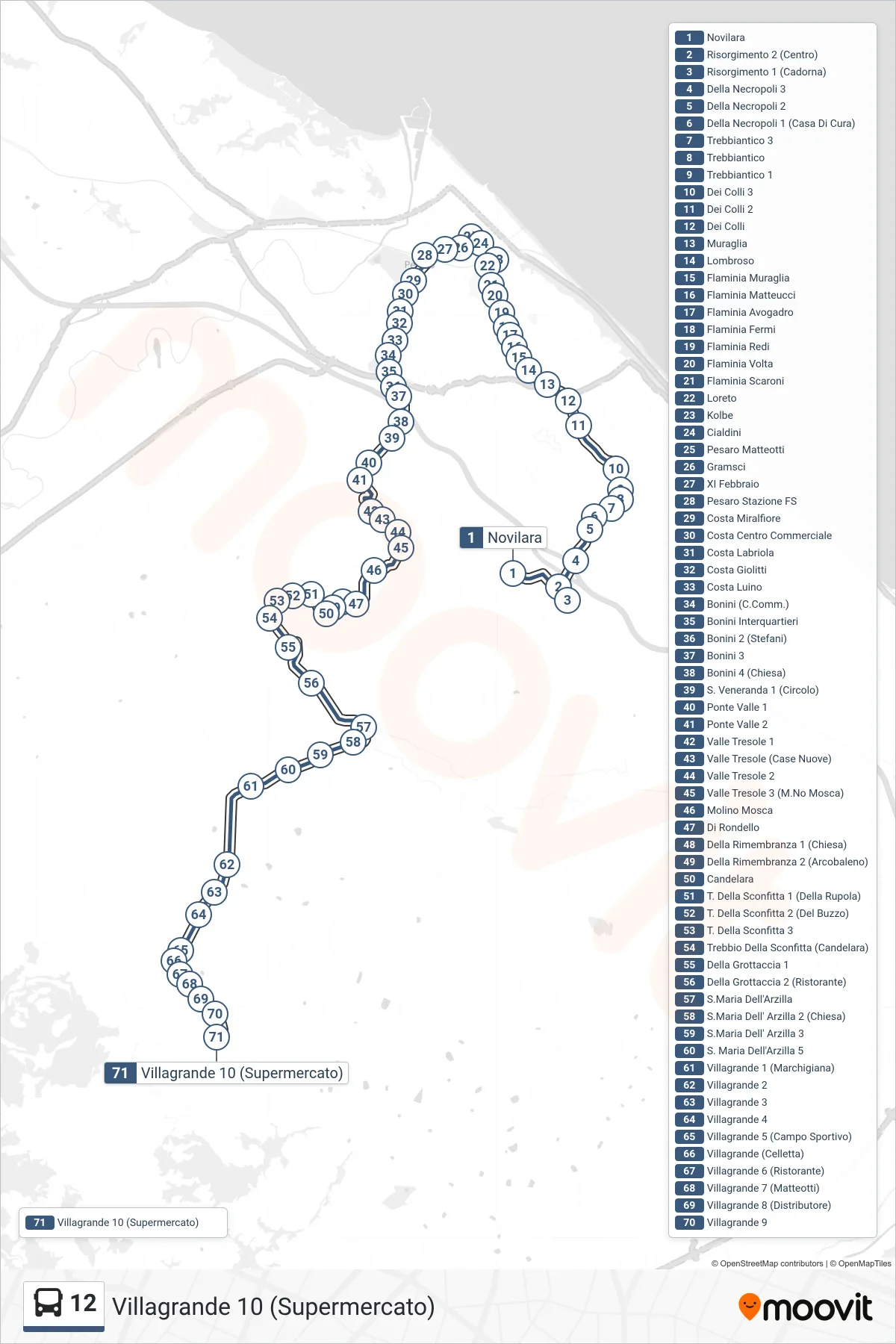 Linea 12 bus (Villagrande 10 (Supermercato)) - Percorsi e fermate sulla mappa