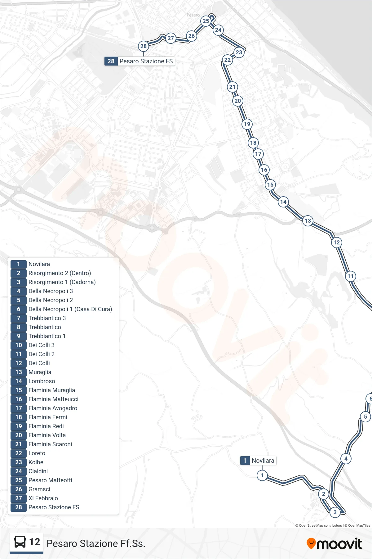 Linea 12  bus (Pesaro Stazione Ff.Ss.) - Percorsi e fermate sulla mappa