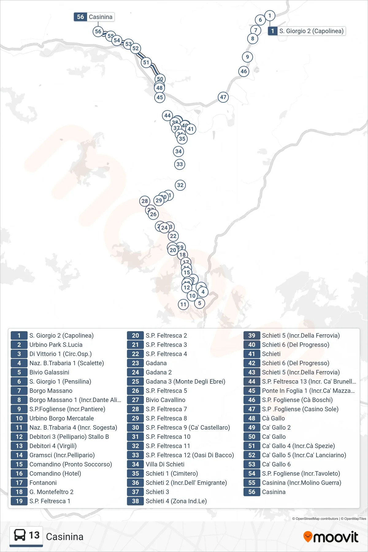 Linea 13  bus (Casinina) - Percorsi e fermate sulla mappa