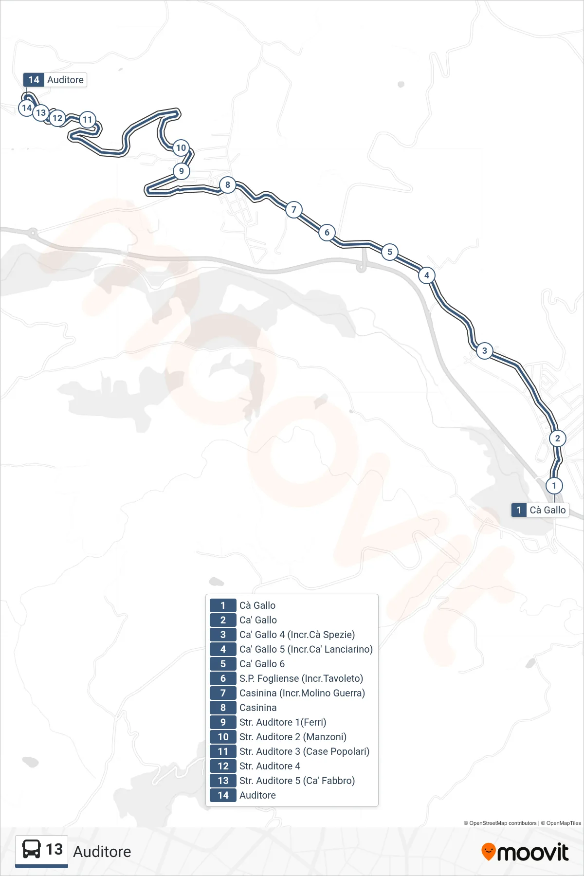 Linea 13 bus (Auditore) - Percorsi e fermate sulla mappa