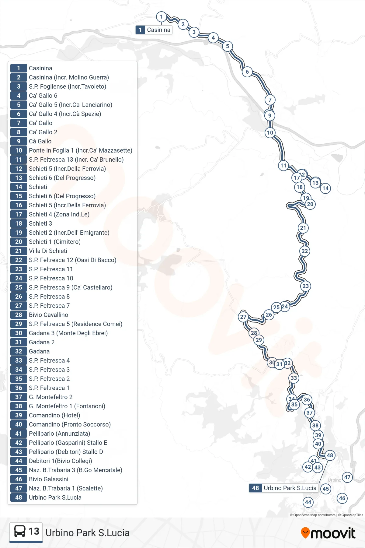 Linea 13 bus (Urbino Park S.Lucia) - Percorsi e fermate sulla mappa