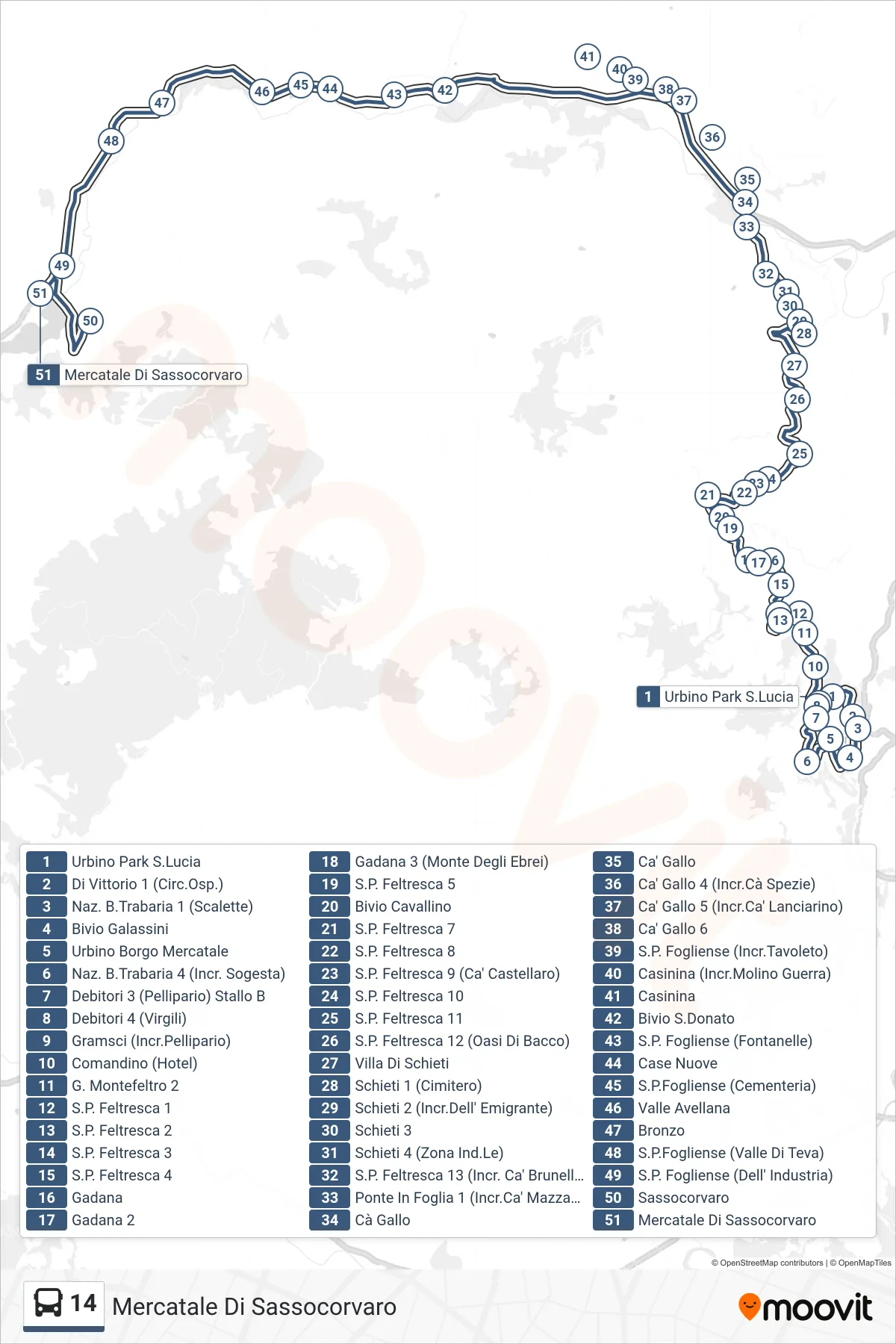 Linea 14  bus (Mercatale Di Sassocorvaro) - Percorsi e fermate sulla mappa