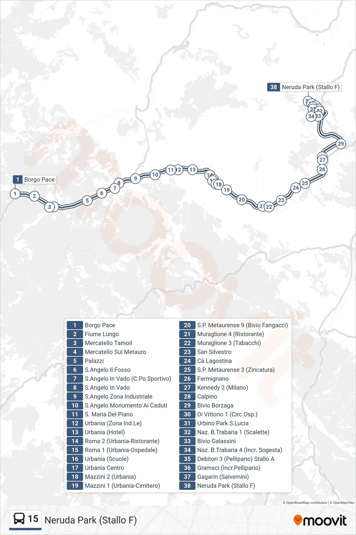 15 bus Line (Neruda Park (Bay F)) route and stops on a map