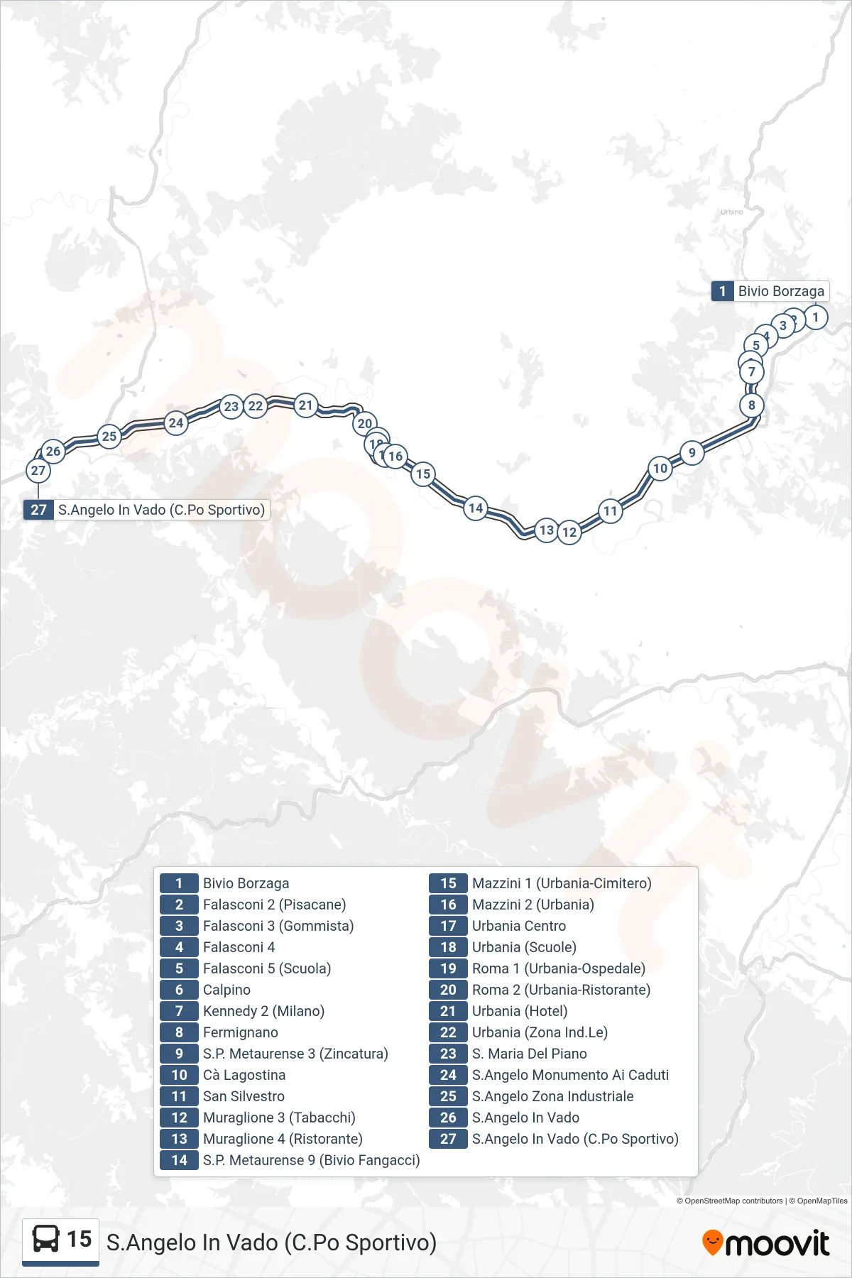 Linea 15 bus (S.Angelo In Vado (C.Po Sportivo)) - Percorsi e fermate sulla mappa