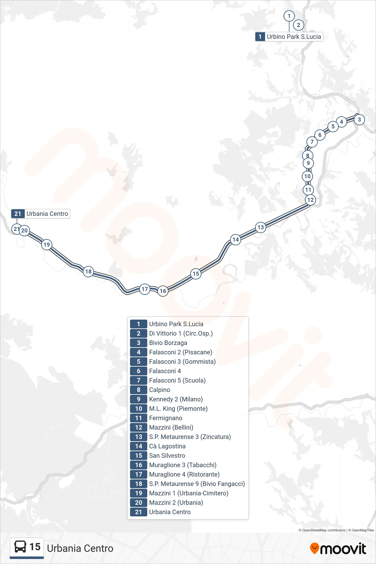 Linea 15 bus (Urbania Centro) - Percorsi e fermate sulla mappa
