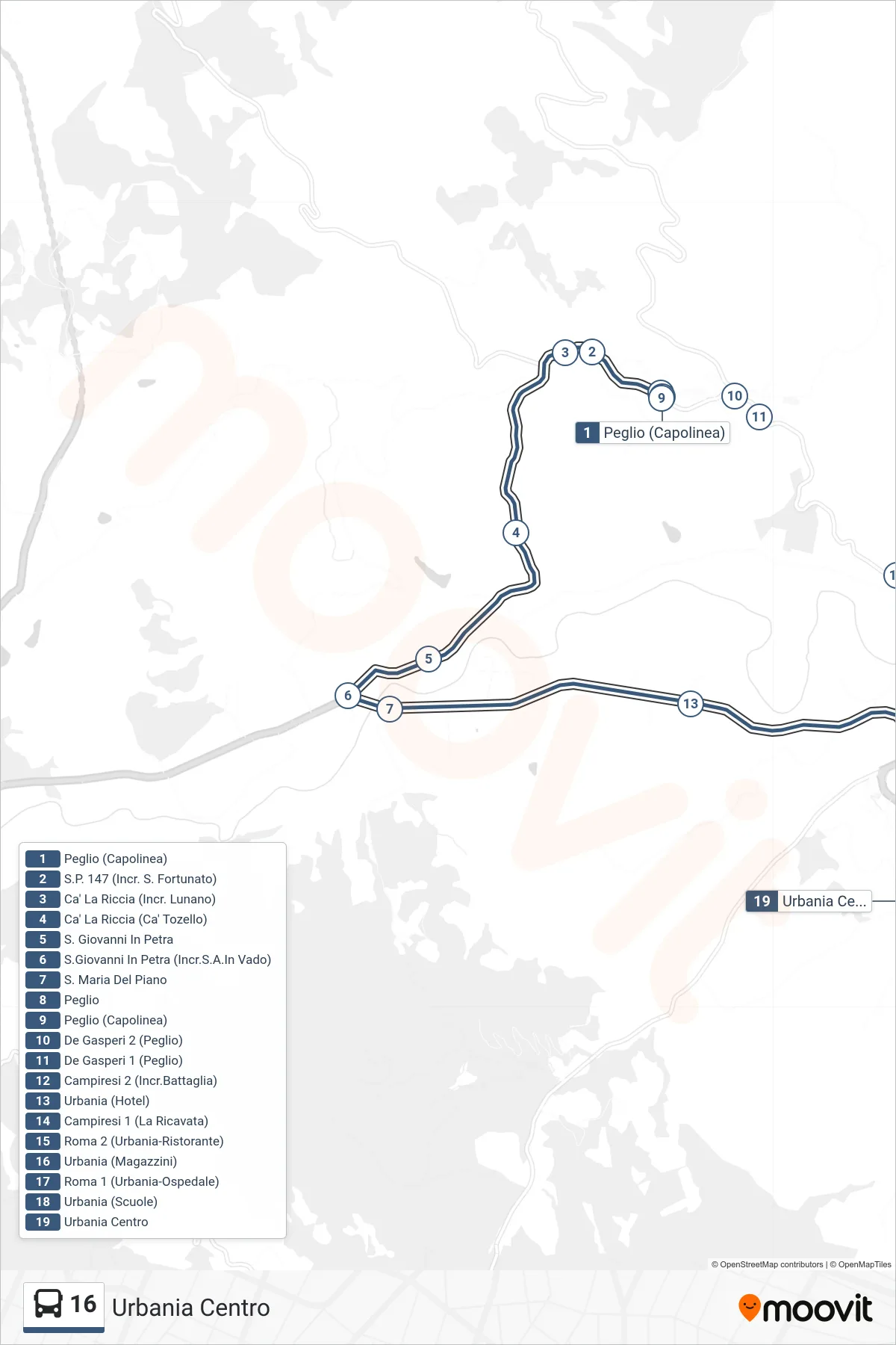 Linea 16  bus (Urbania Centro) - Percorsi e fermate sulla mappa