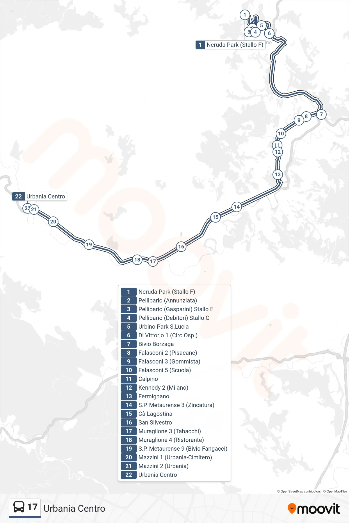 Linea 17 bus (Urbania Centro) - Percorsi e fermate sulla mappa