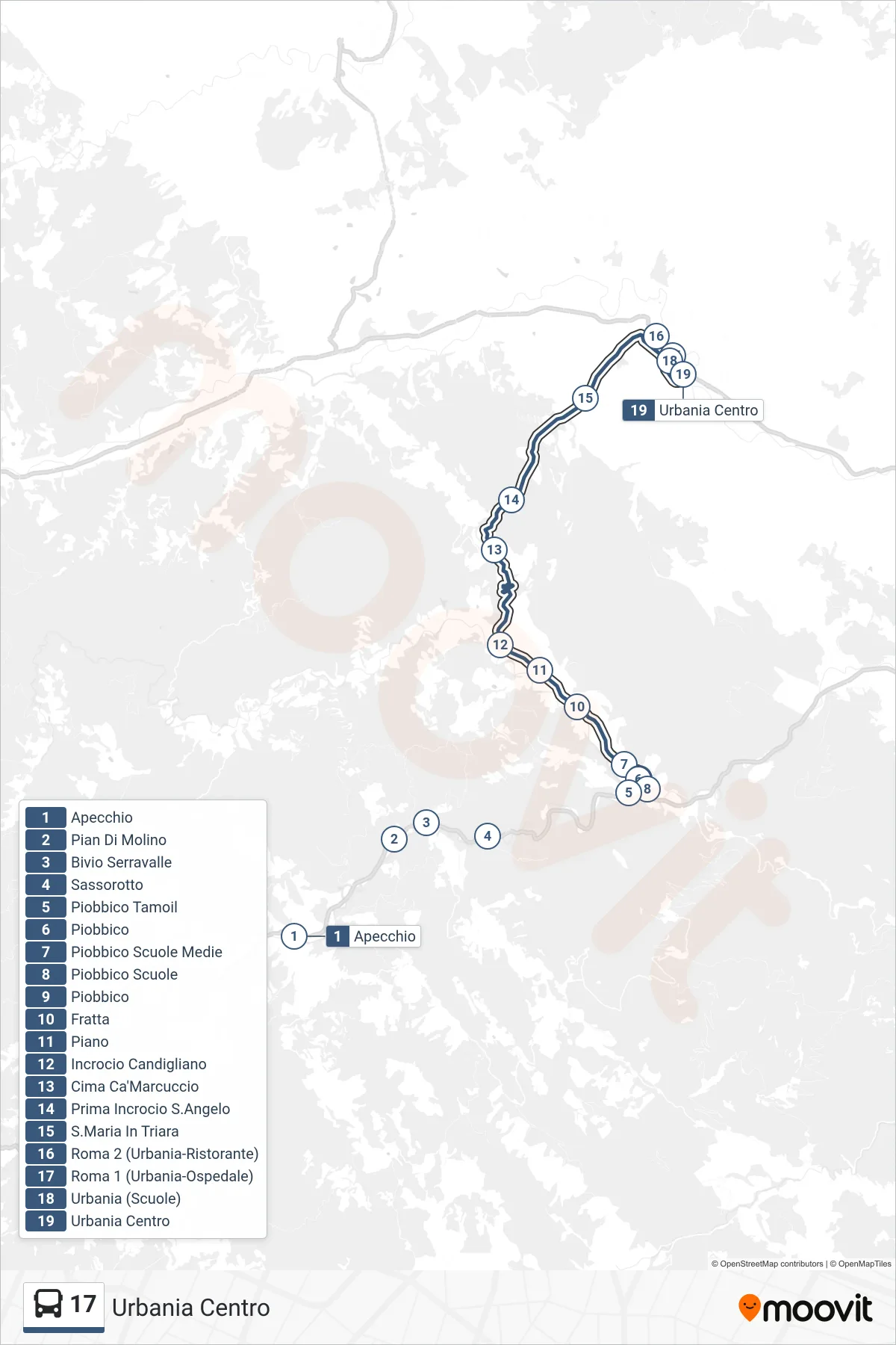 Linea 17  bus (Urbania Centro) - Percorsi e fermate sulla mappa