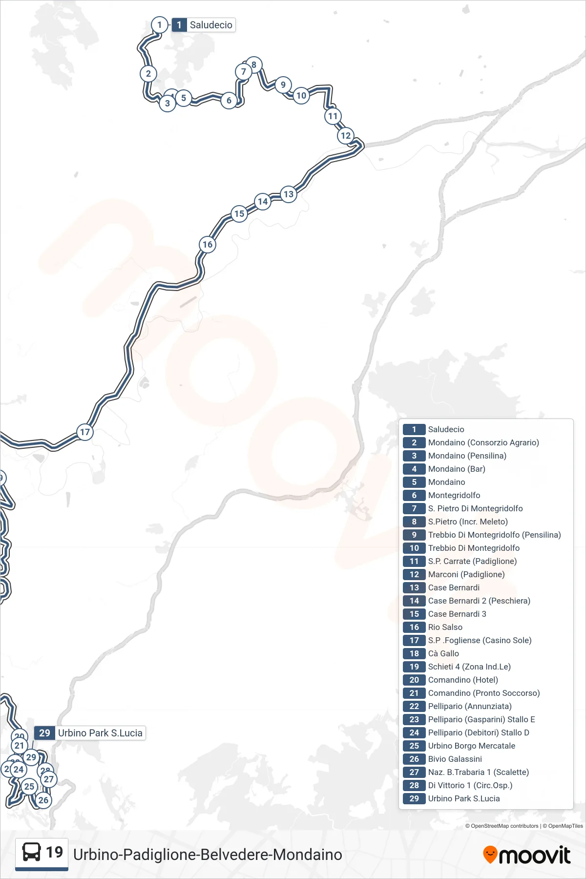 Linea 19 bus (Urbino Park S.Lucia) - Percorsi e fermate sulla mappa