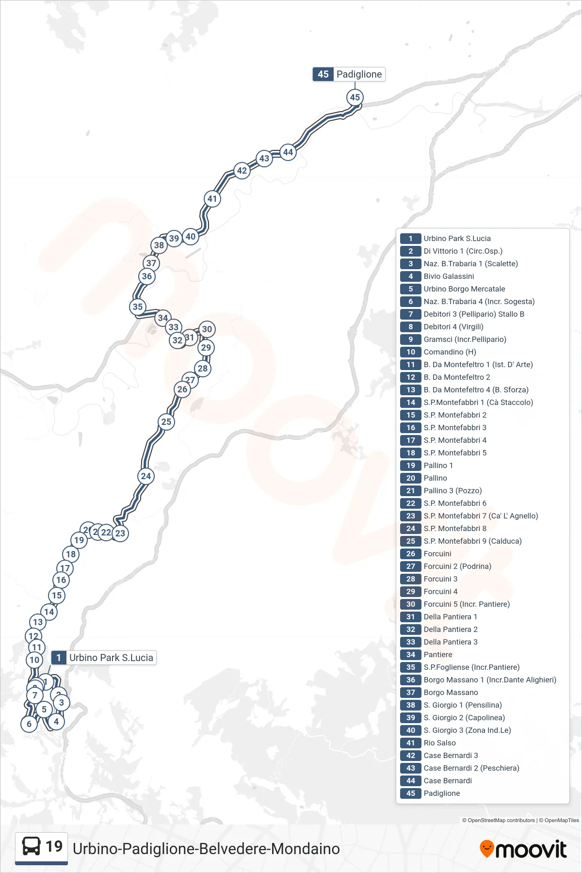 Linea 19 bus (Padiglione) - Percorsi e fermate sulla mappa