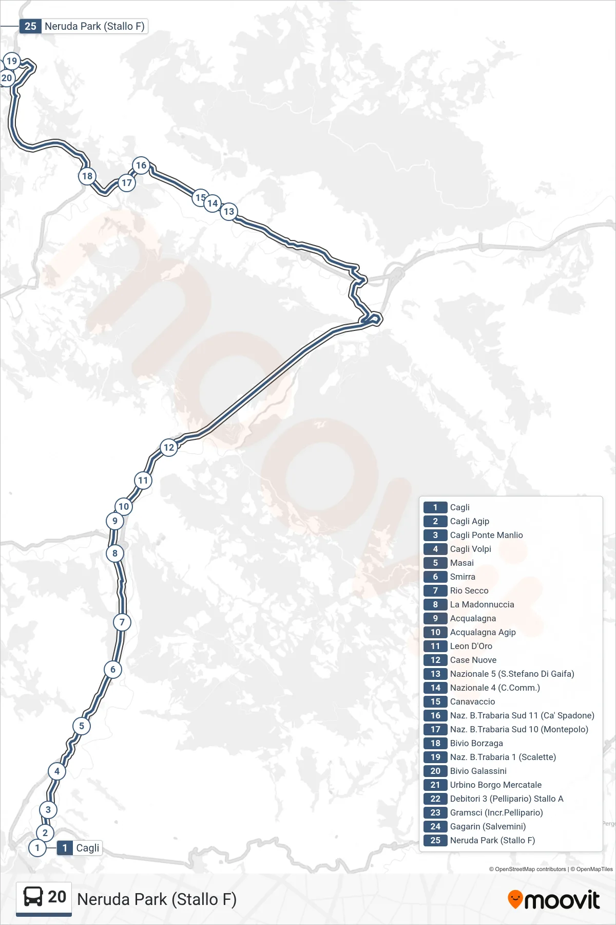 Linea 20 bus (Neruda Park (Stallo F)) - Percorsi e fermate sulla mappa