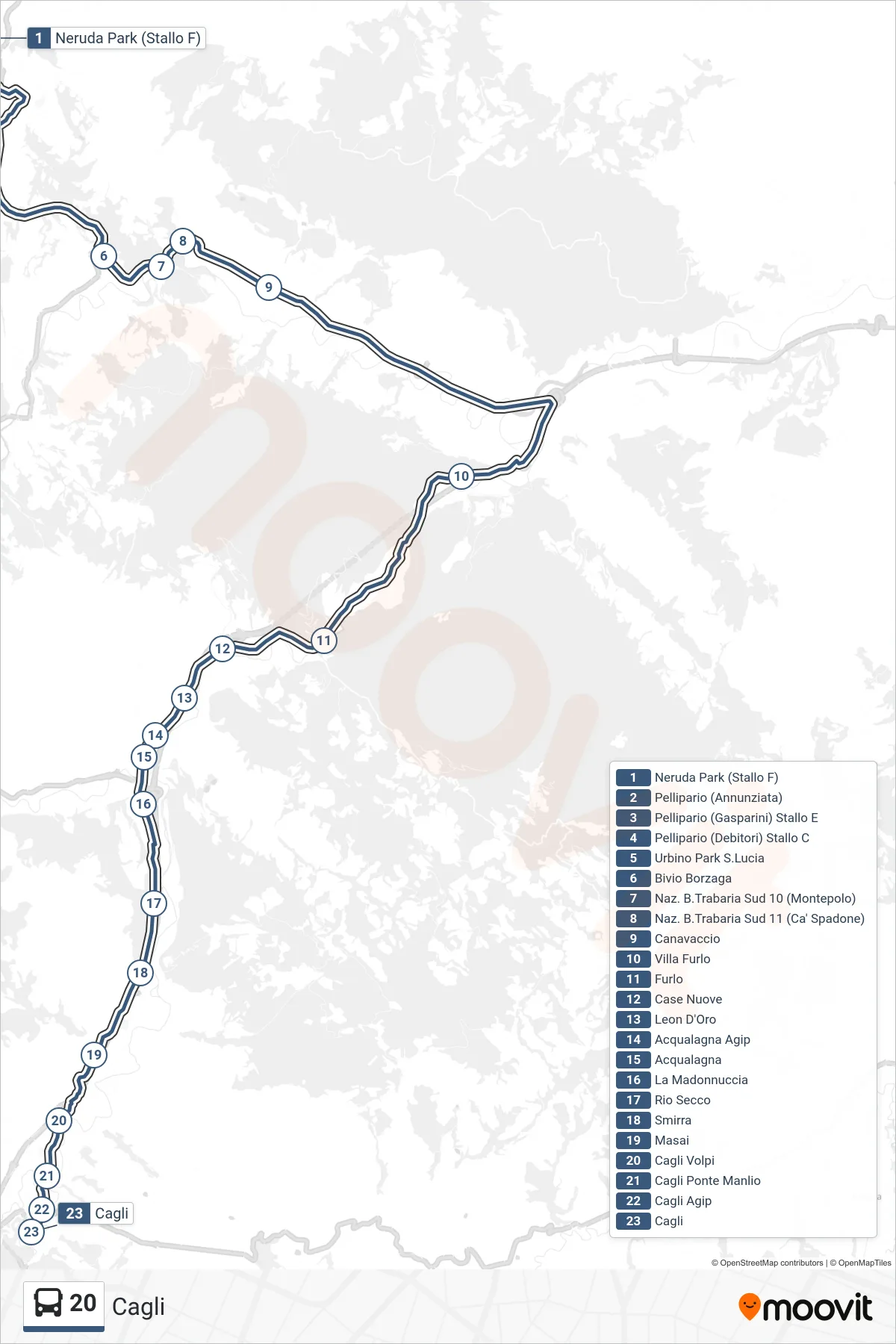 Linea 20  bus (Cagli) - Percorsi e fermate sulla mappa