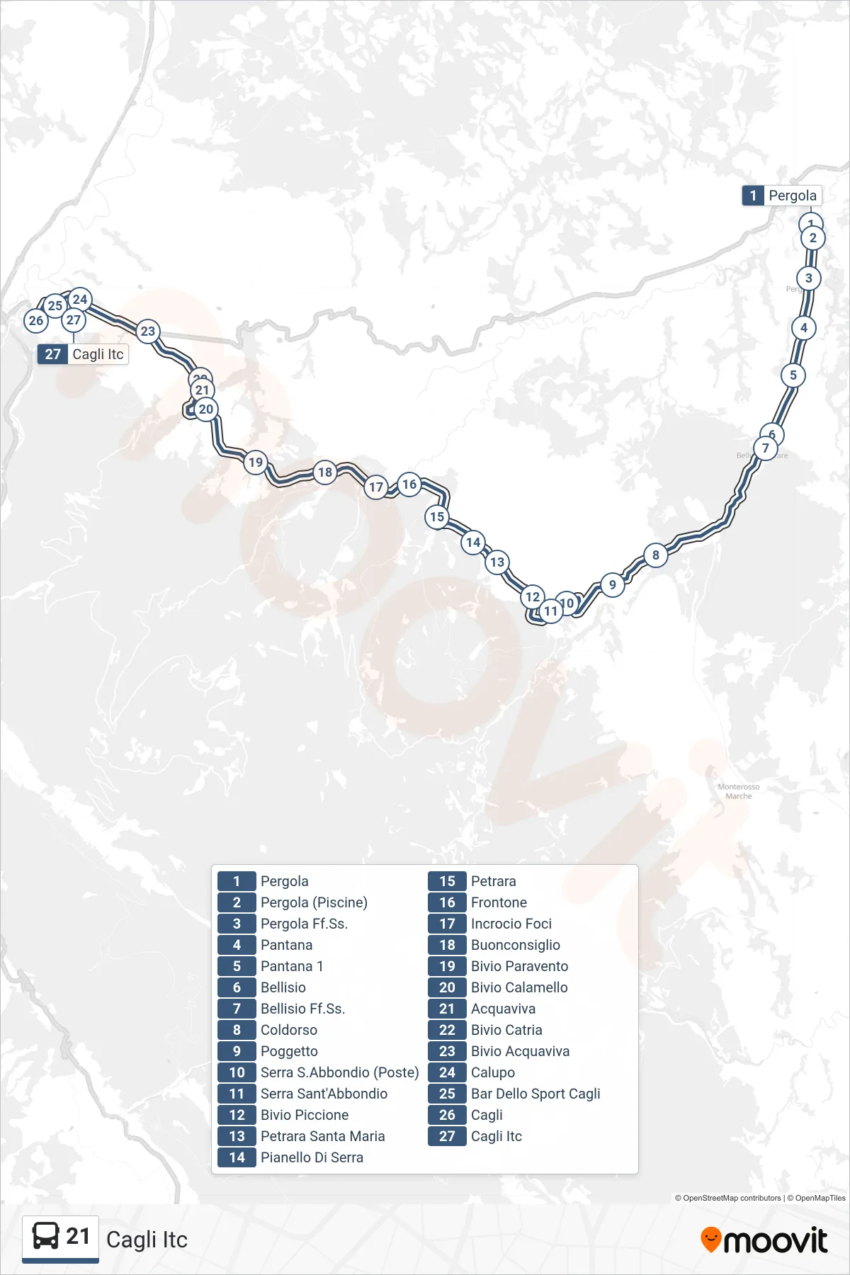 Linea 21  bus (Cagli Itc) - Percorsi e fermate sulla mappa
