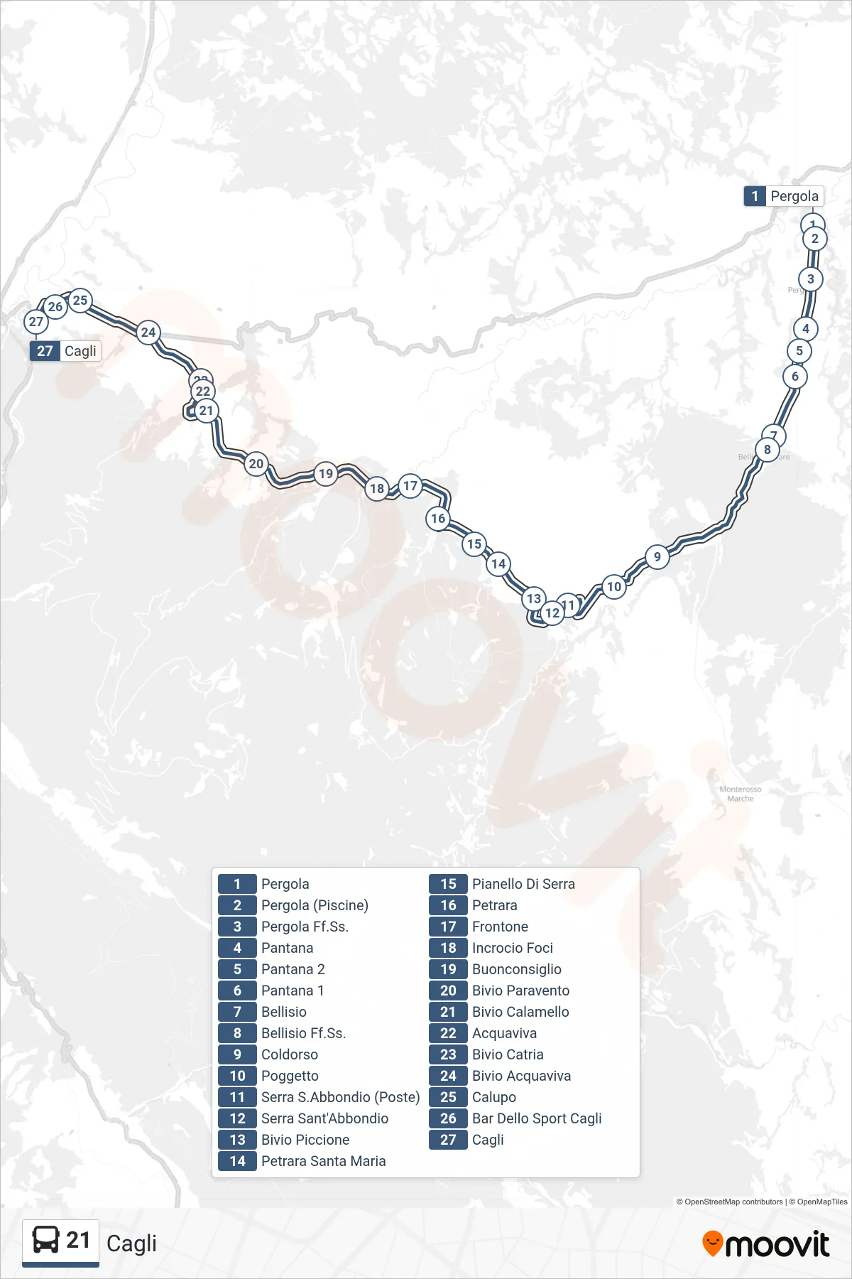 Linea 21 bus (Cagli) - Percorsi e fermate sulla mappa