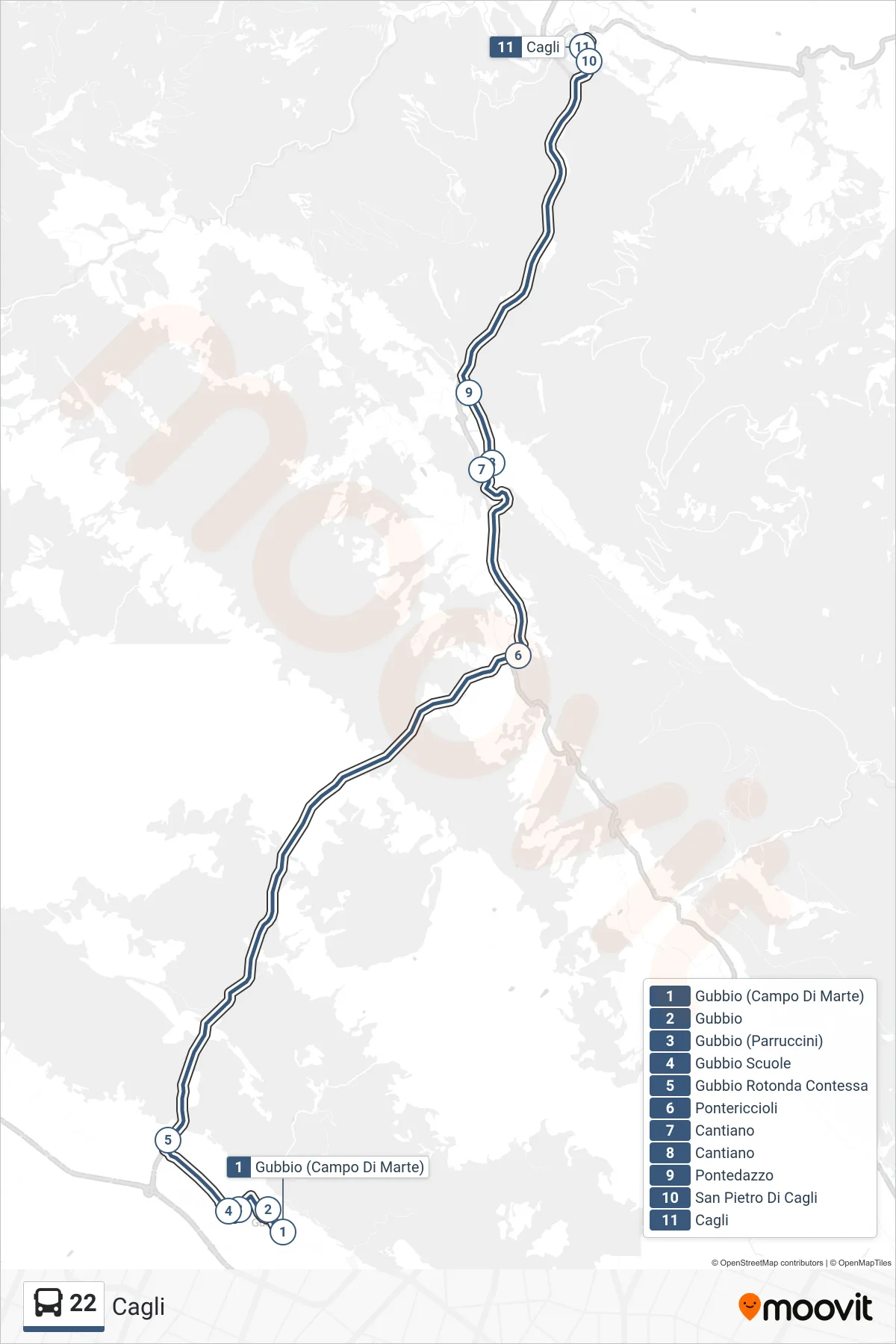 Linea 22  bus (Cagli) - Percorsi e fermate sulla mappa