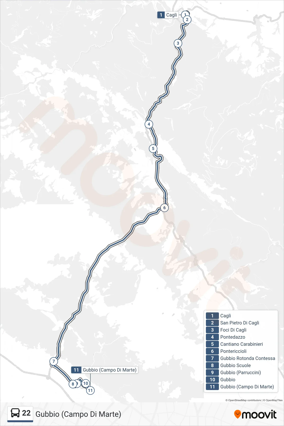 Linea 22 bus (Gubbio (Campo Di Marte)) - Percorsi e fermate sulla mappa