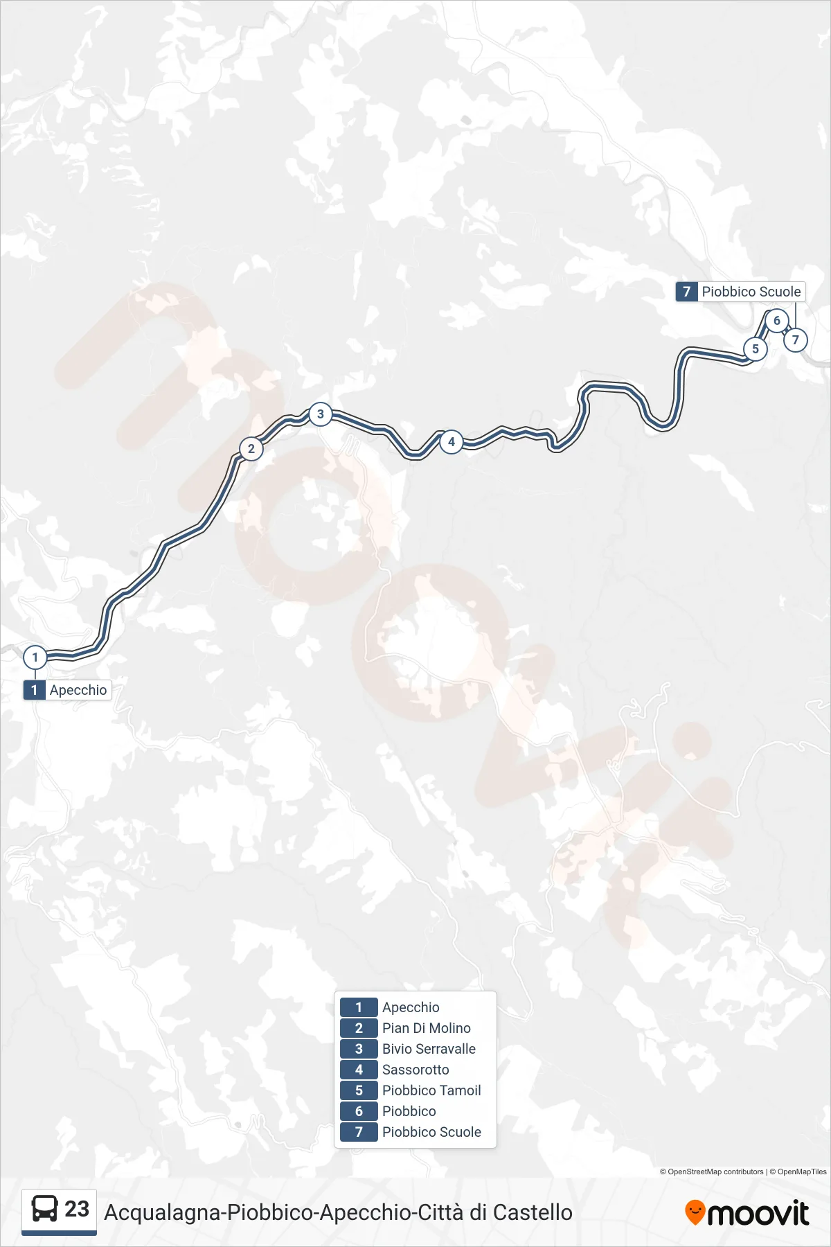Linea 23 bus (Piobbico Scuole) - Percorsi e fermate sulla mappa