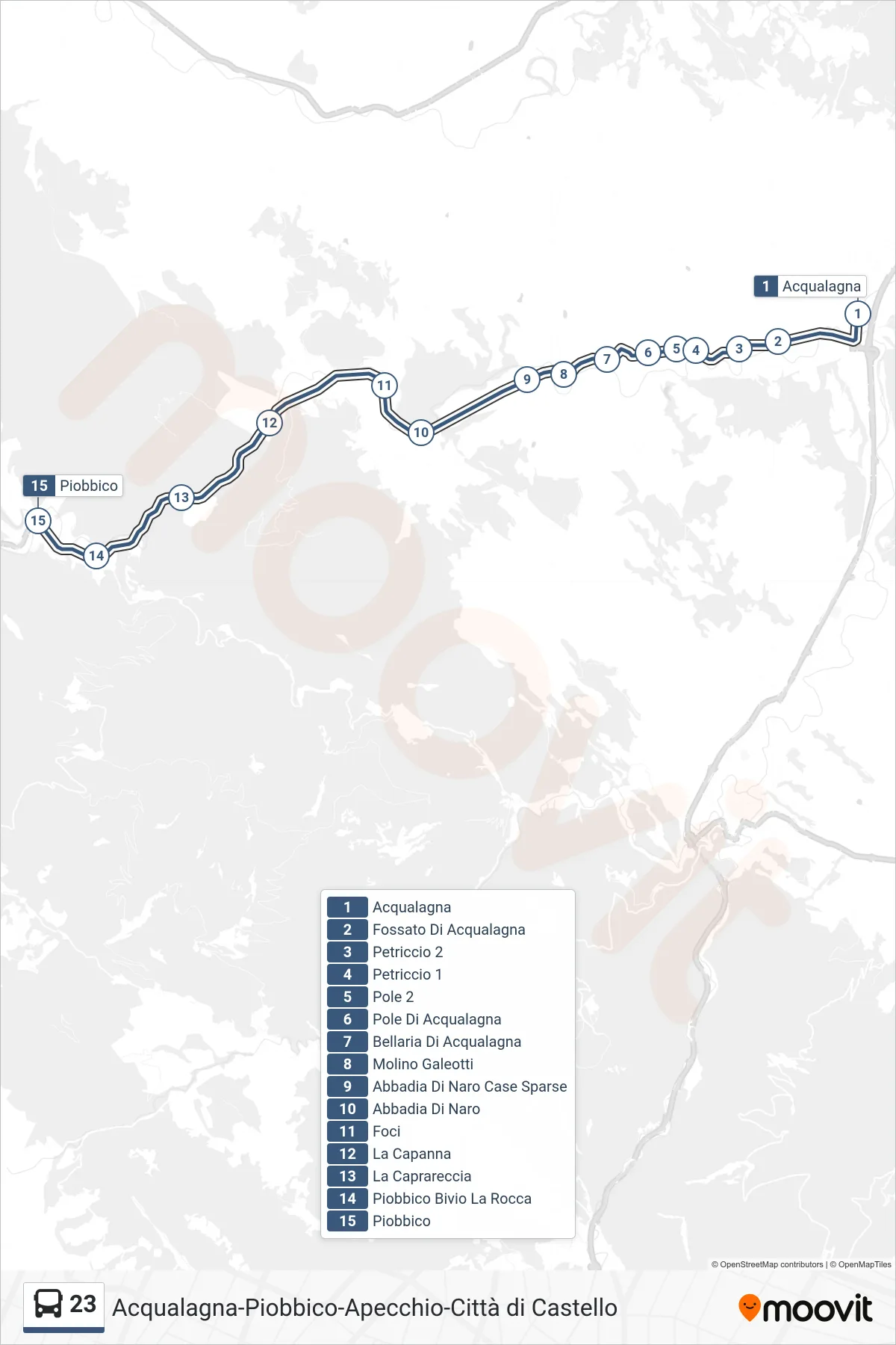 Linea 23  bus (Piobbico) - Percorsi e fermate sulla mappa
