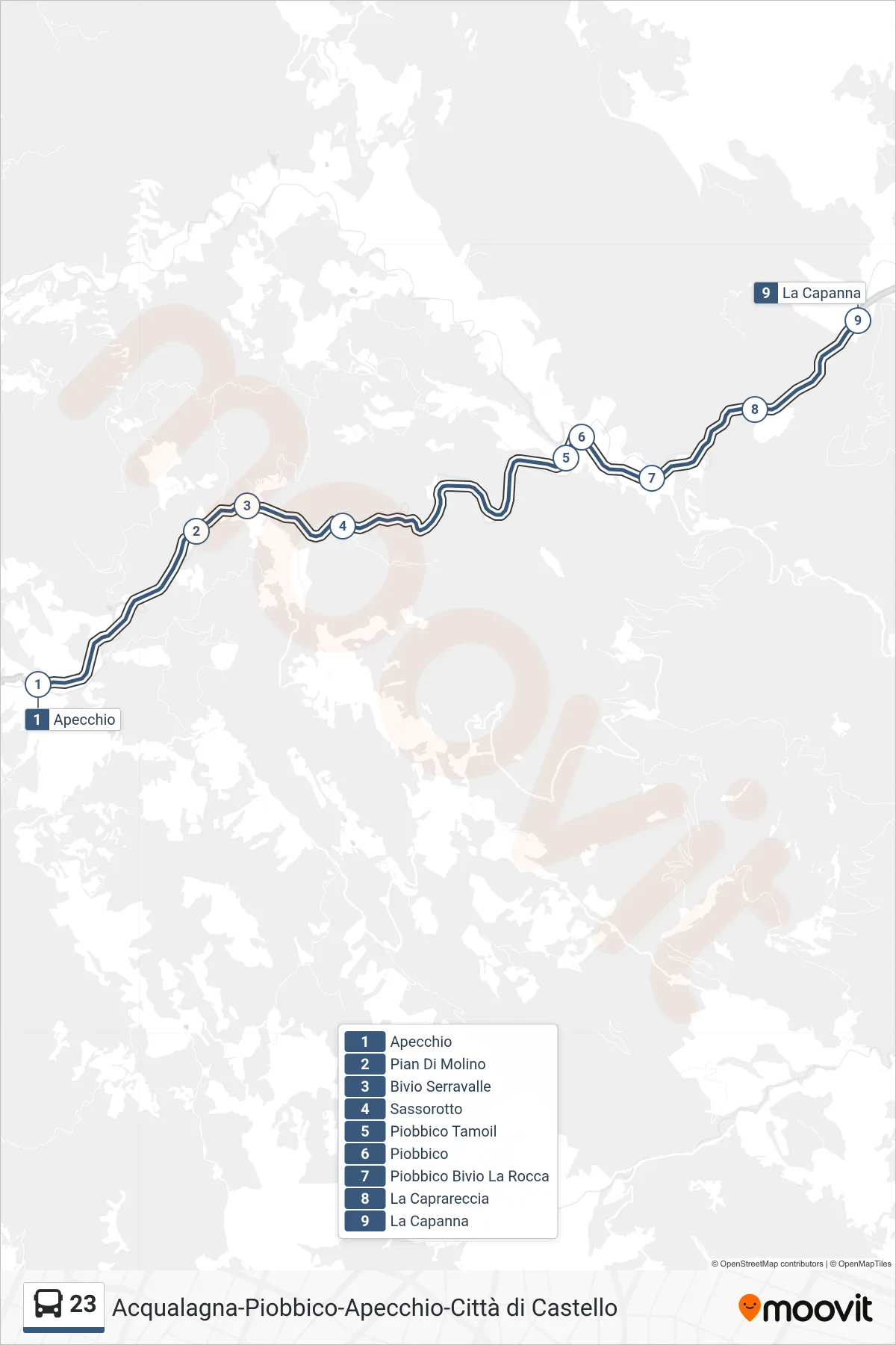 23 bus Line (The Cabin) route and stops on a map