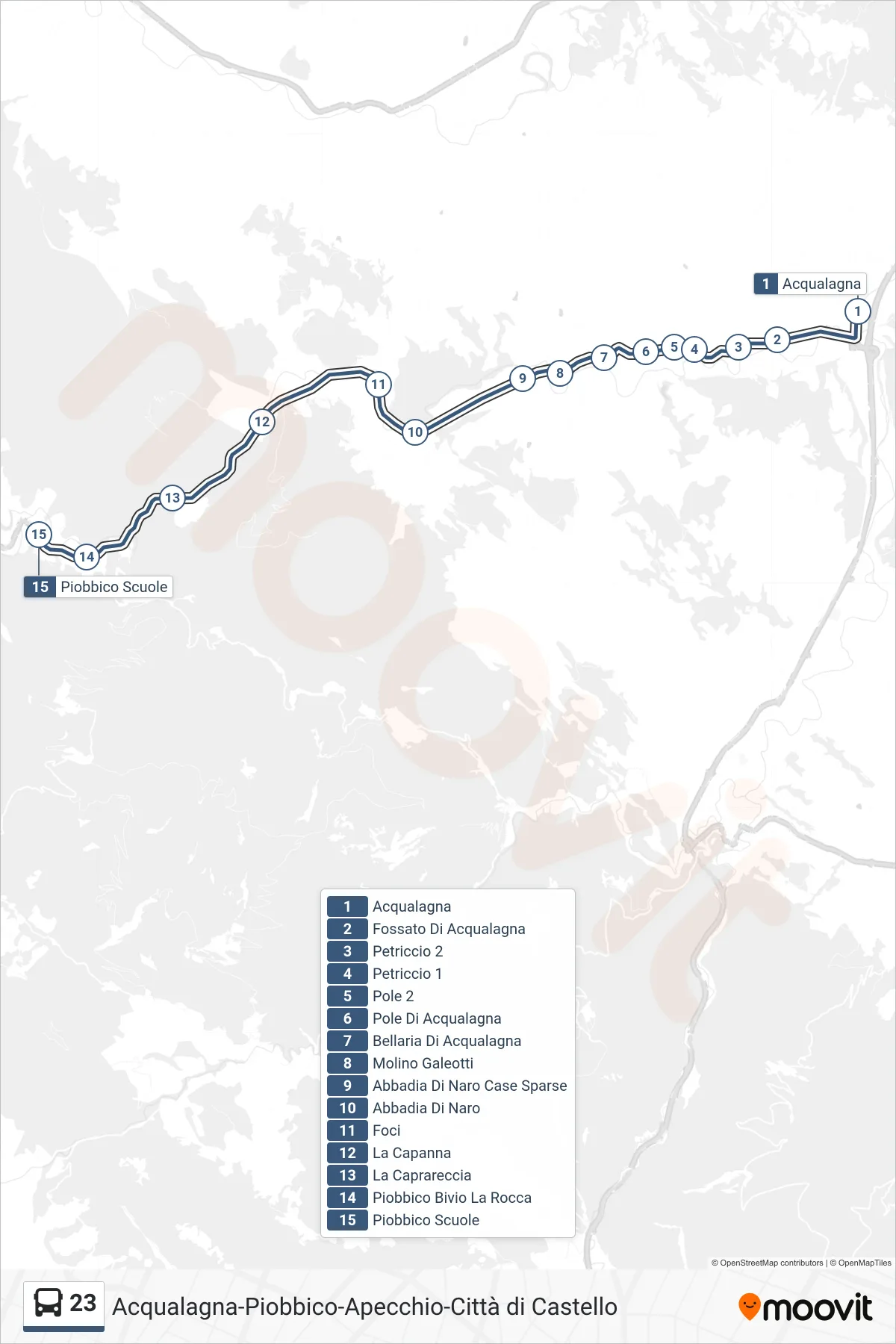 Linea 23  bus (Piobbico Scuole) - Percorsi e fermate sulla mappa