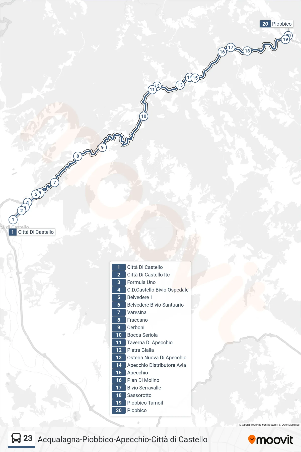 Linea 23 bus (Piobbico) - Percorsi e fermate sulla mappa