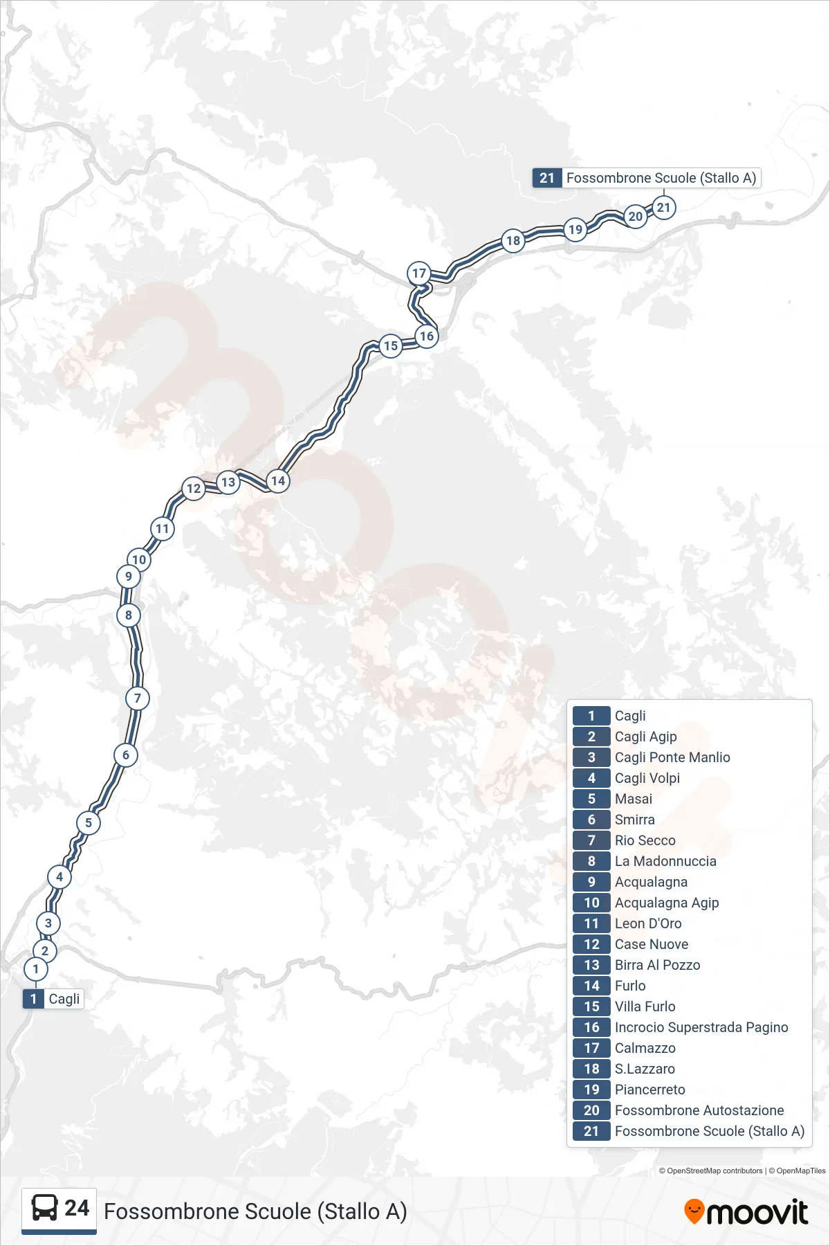 Linea 24 bus (Fossombrone Scuole (Stallo A)) - Percorsi e fermate sulla mappa