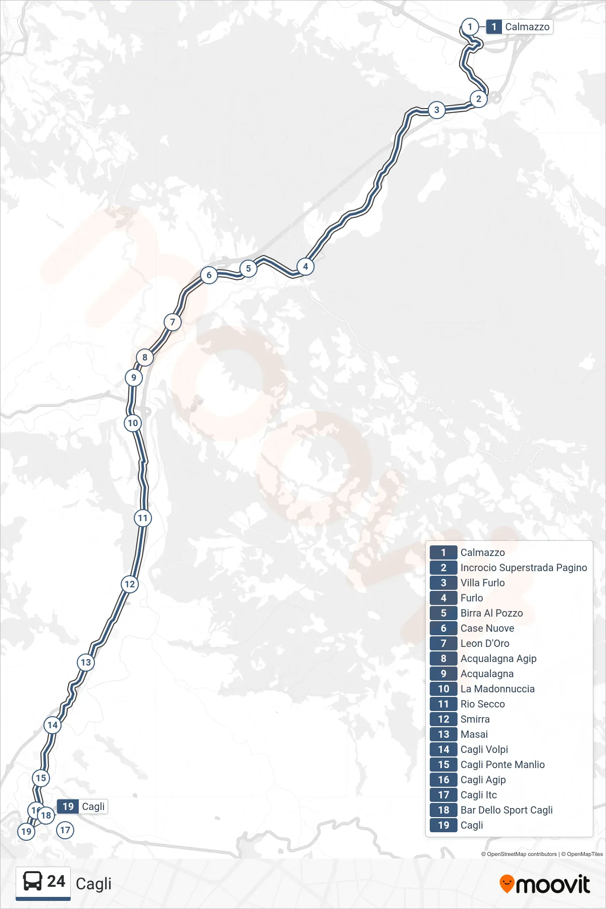 Linea 24 bus (Cagli) - Percorsi e fermate sulla mappa