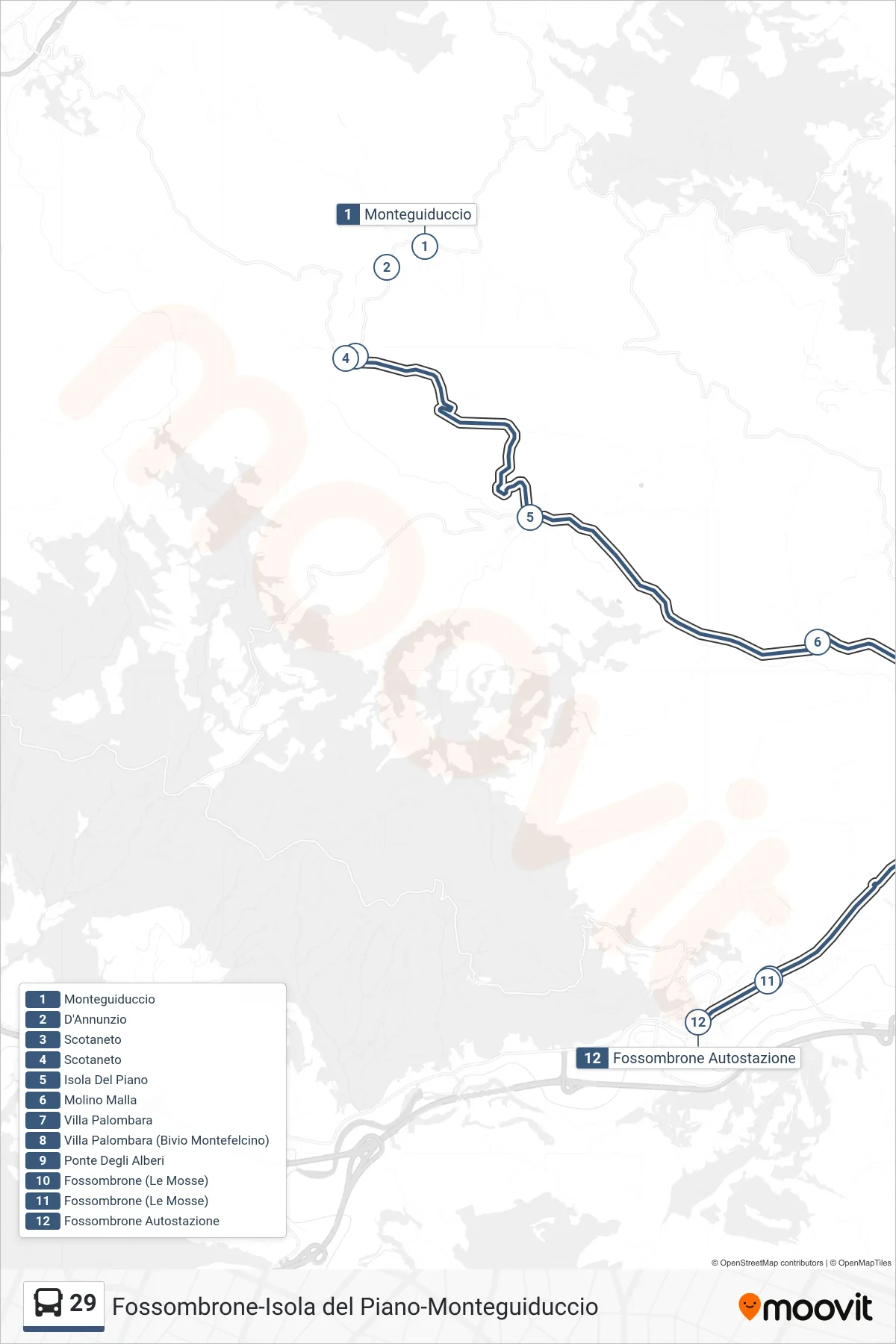 Linea 29 bus (Fossombrone Autostazione) - Percorsi e fermate sulla mappa