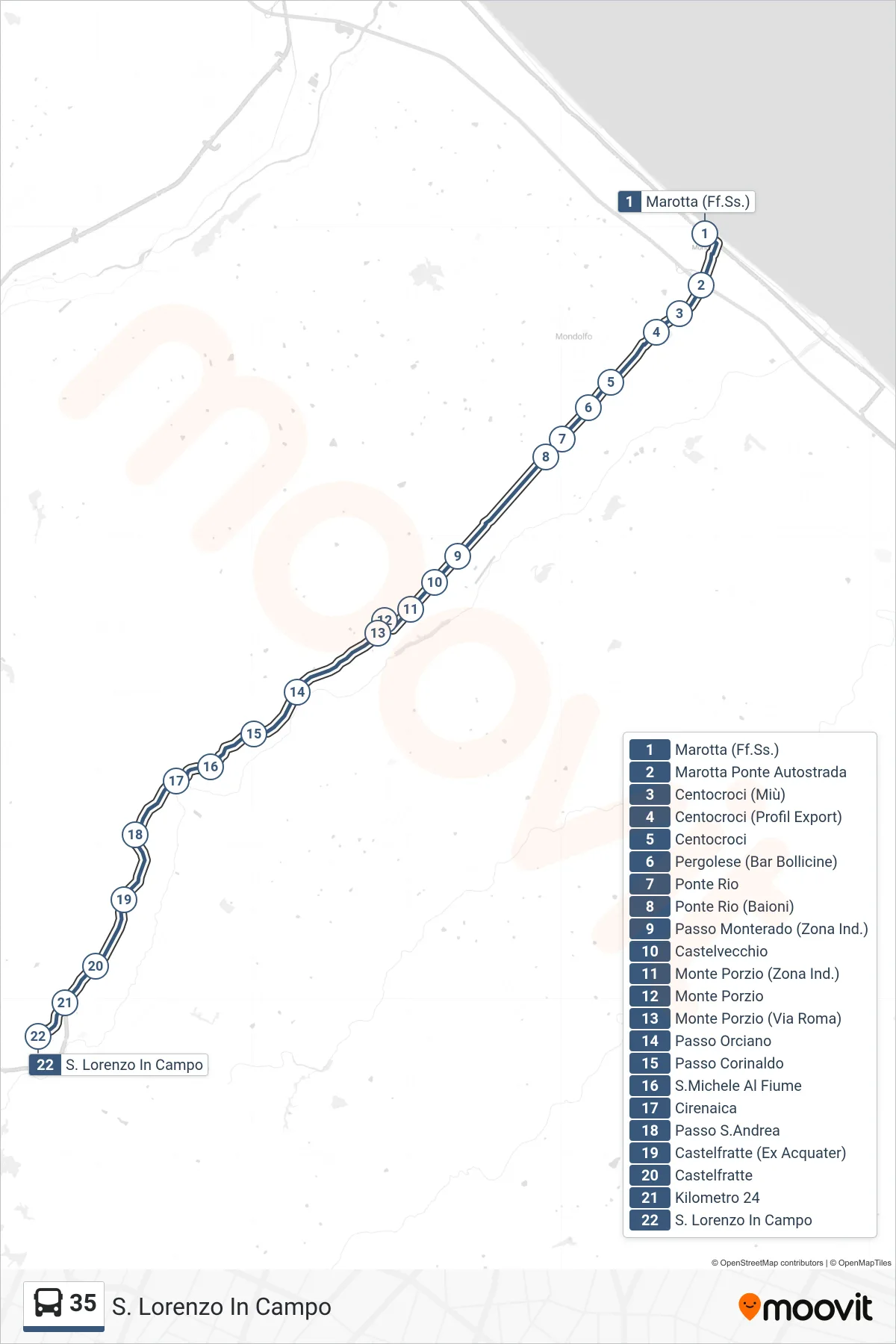 Linea 35 bus (S. Lorenzo In Campo) - Percorsi e fermate sulla mappa