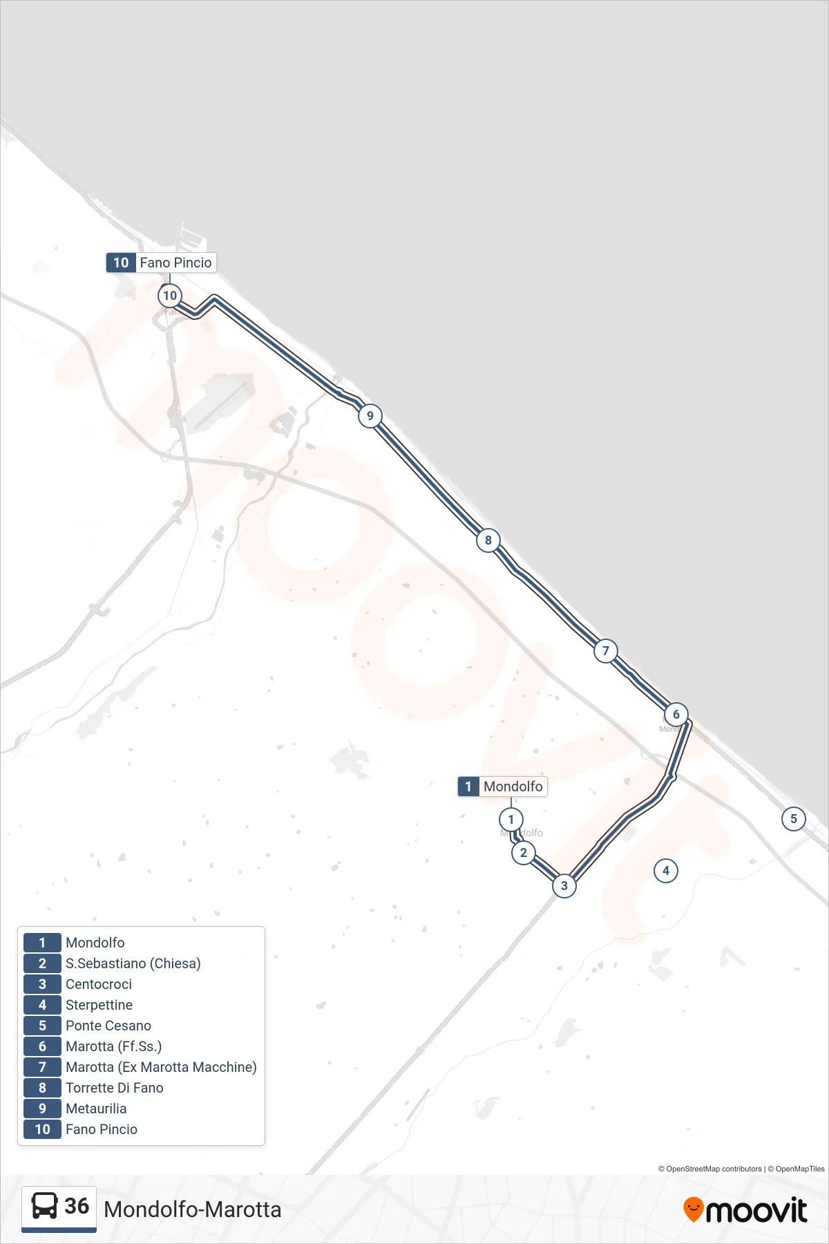 Linea 36  bus (Fano Pincio) - Percorsi e fermate sulla mappa