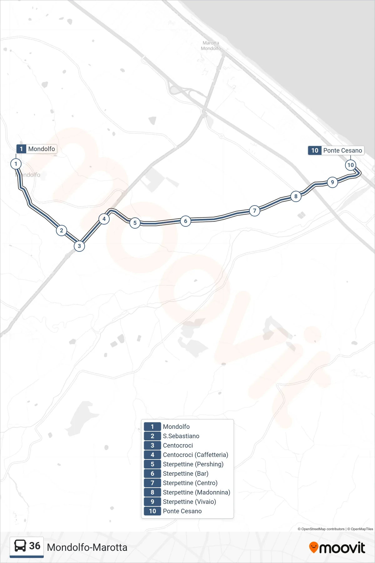 Linea 36 bus (Ponte Cesano) - Percorsi e fermate sulla mappa