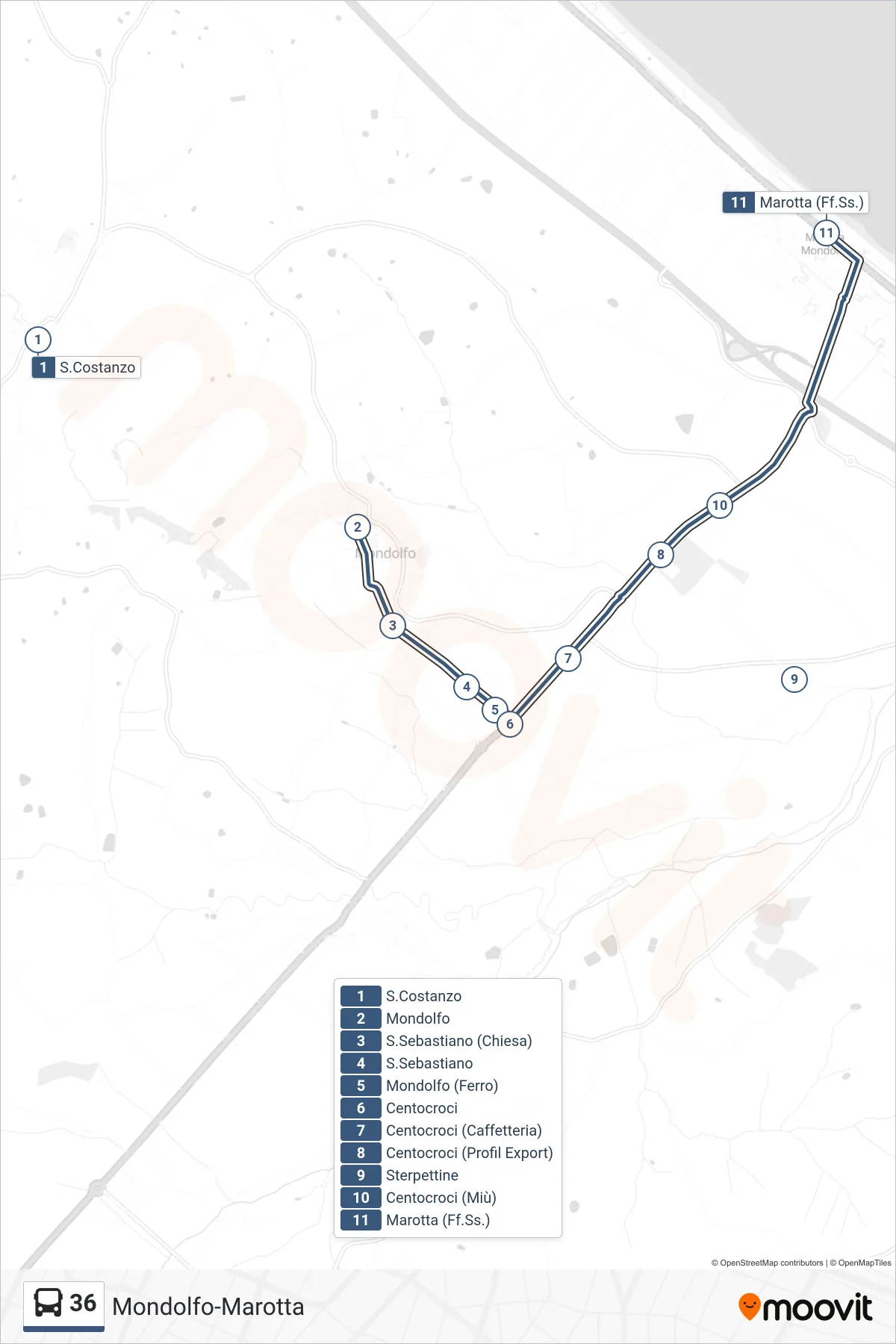 Linea 36 bus (Marotta (Ff.Ss.)) - Percorsi e fermate sulla mappa