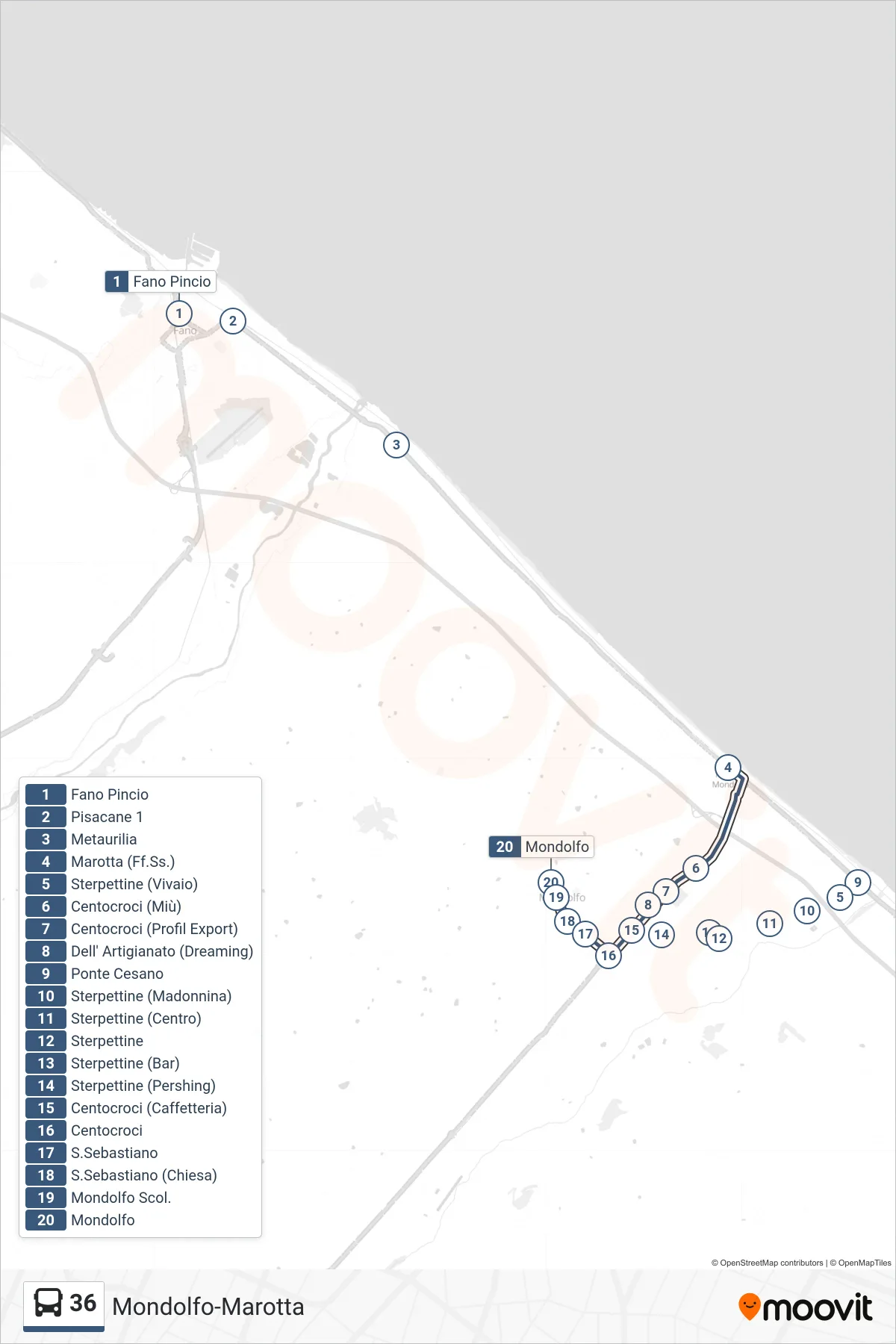 Linea 36  bus (Mondolfo) - Percorsi e fermate sulla mappa