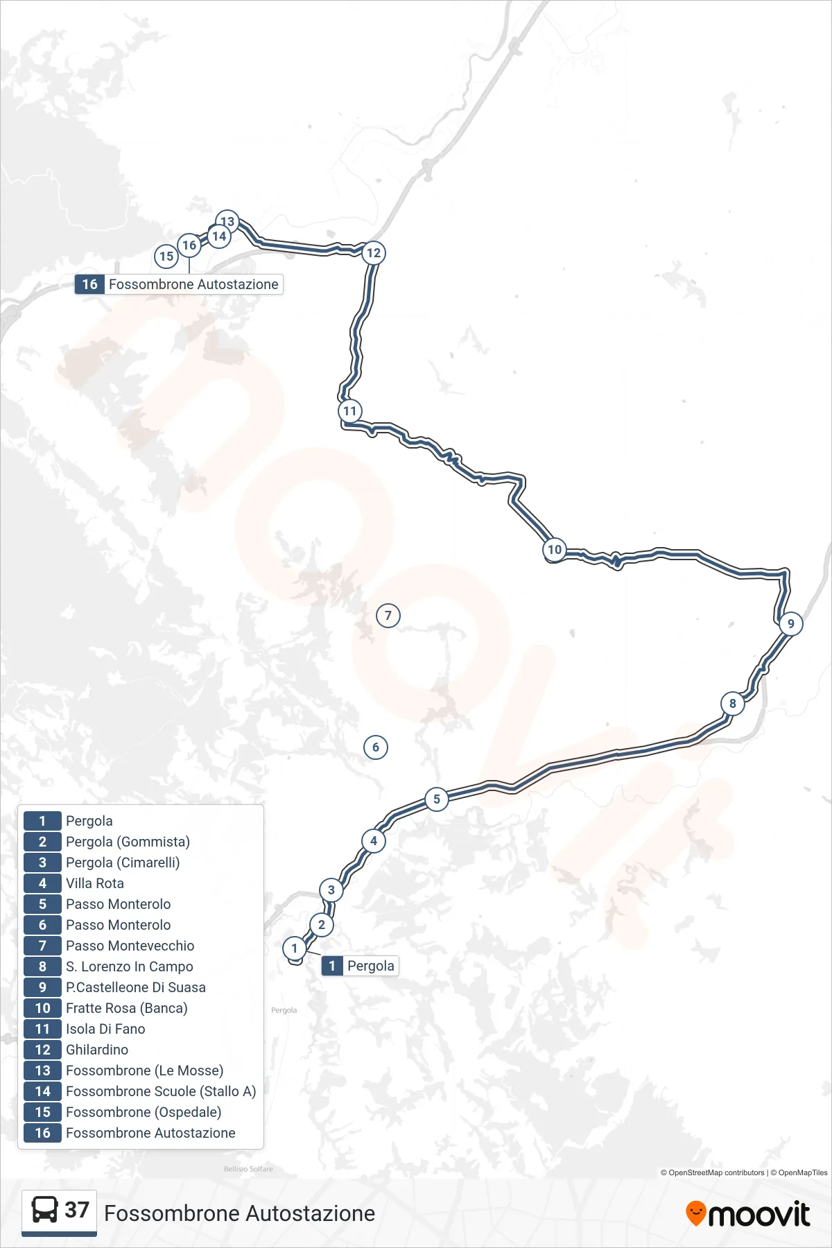 Linea 37  bus (Fossombrone Autostazione) - Percorsi e fermate sulla mappa