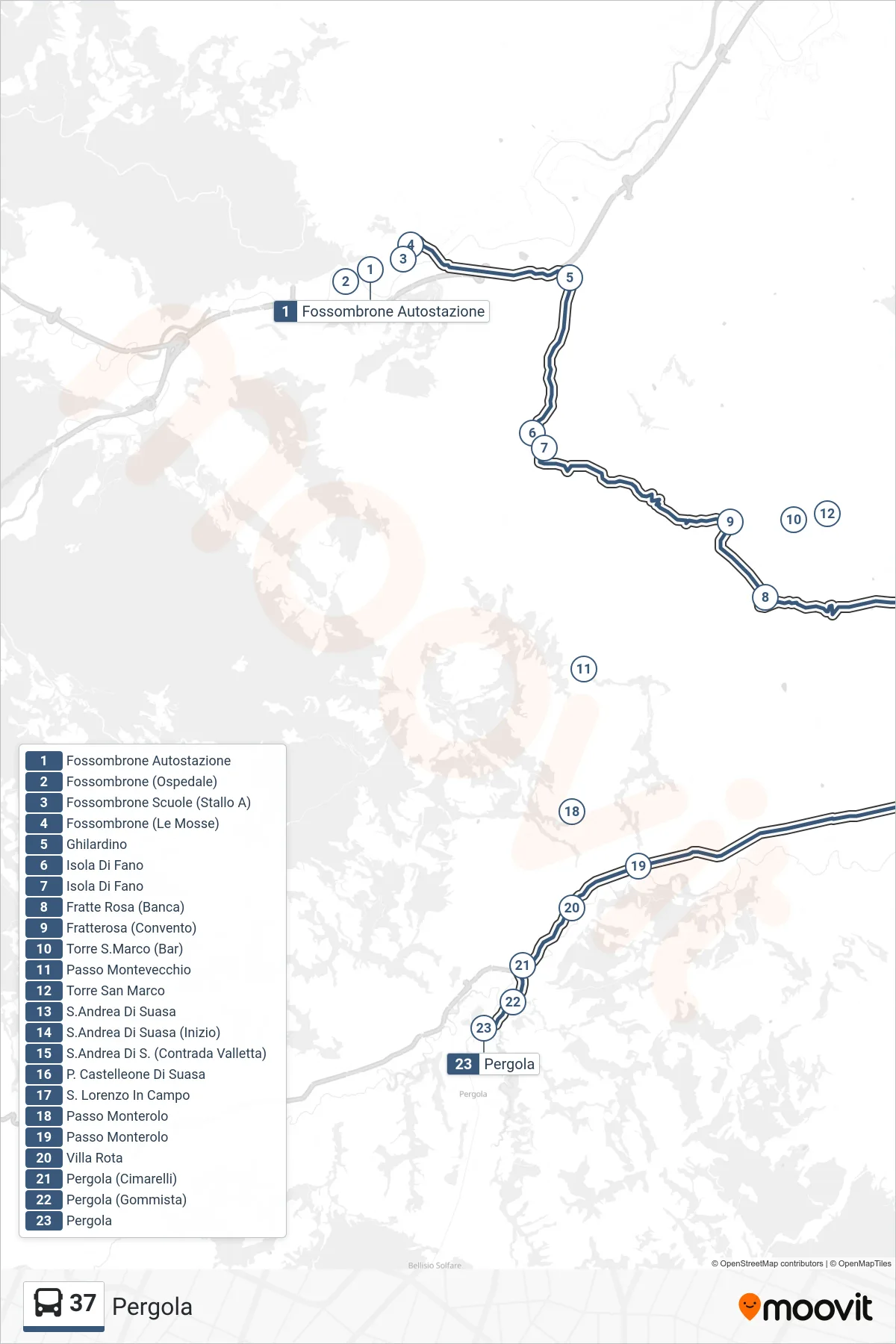 37 bus Line (Pergola) route and stops on a map